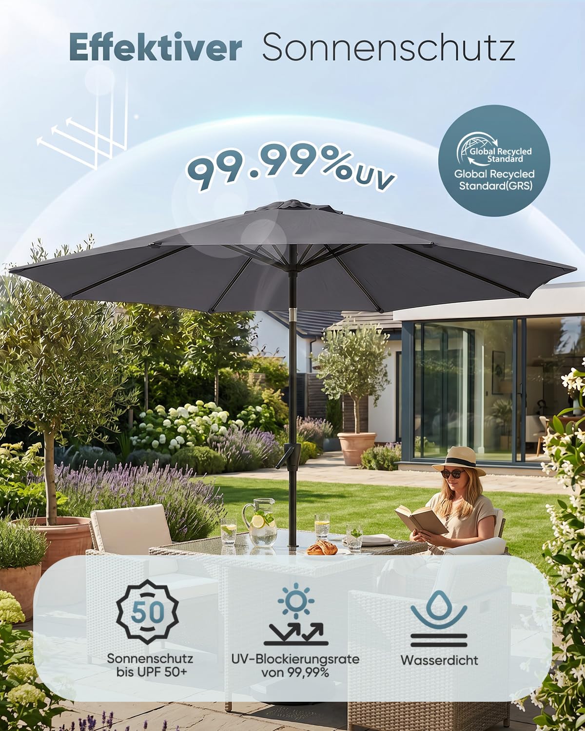Sekey Alu-Sonnenschirm 300 cm mit Kurbel, Stoffgewicht 180 g/m², UV-Schutz 50+, unterer Mast 38 mm für Stabilität, leicht & langlebig, kippbar für Balkon, Garten & Terrasse