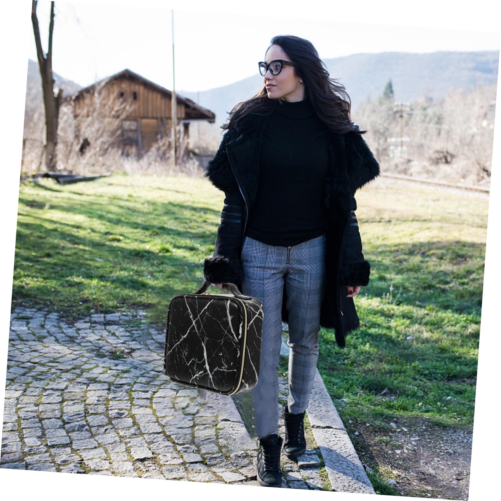 Organizer Trucchi da Viaggio a Scomparti, Nero, Manico | Motivo Marmorizzato Raffinato, Pu, Nylon e Metallo, per Palette e Prodotti Cura, Ordine Facile