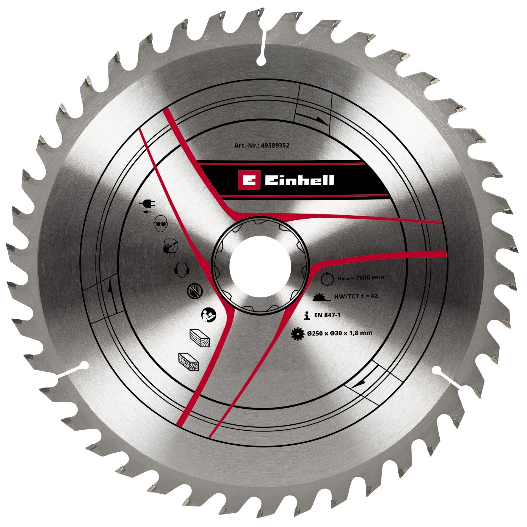 Einhell - Lama per sega circolare originale, 250 x 30 cm (accessori per sega, diametro 250 mm, attacco 30 mm, 42 denti piegati, larghezza di taglio 1,8 mm, per troncatrici con tappo di trazione)