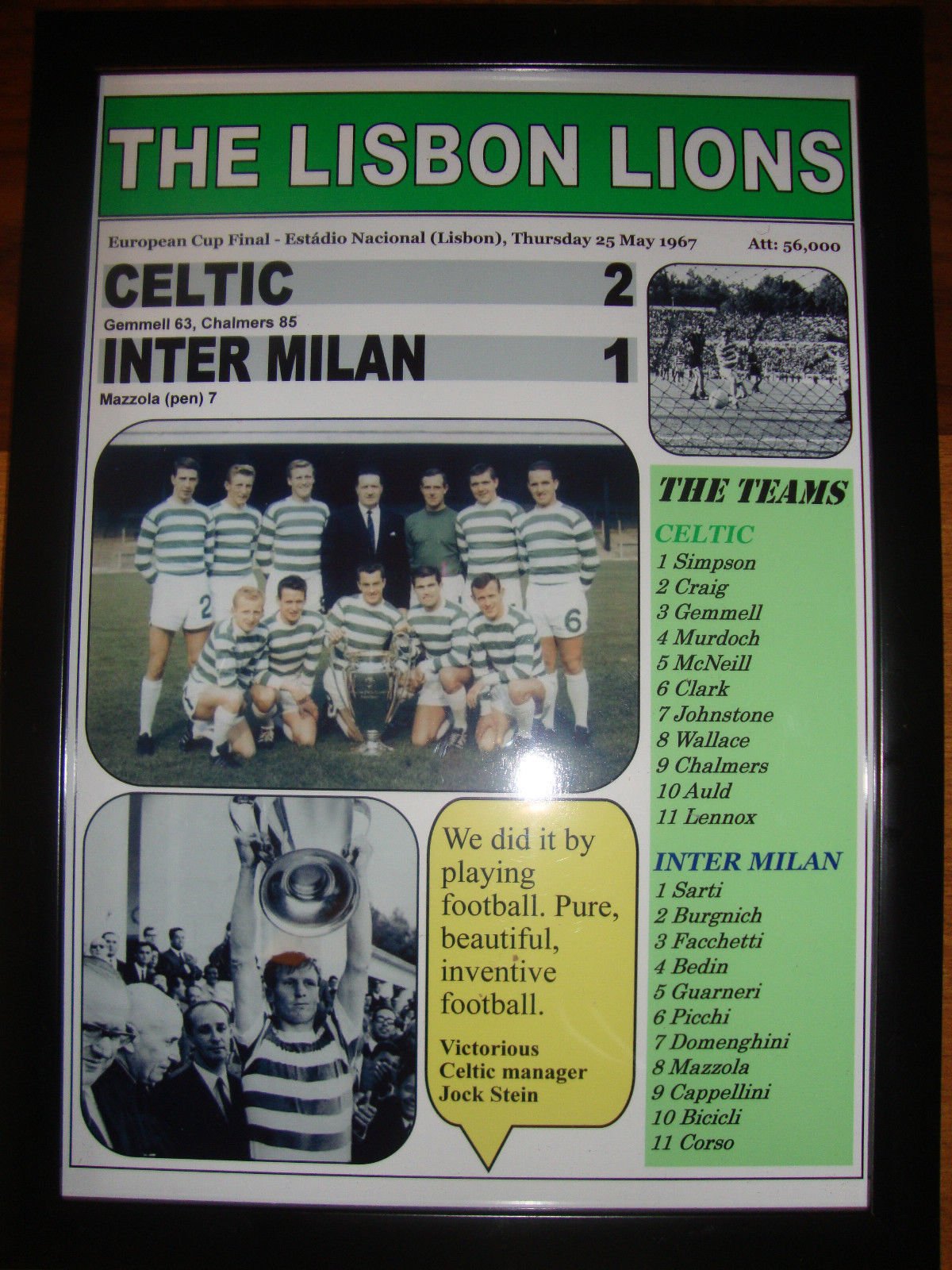 Lilywhite Multimedia Black Celtic 2 Inter Milan 1-1967 European Cup Final - Lisbon Lions - Framed Print