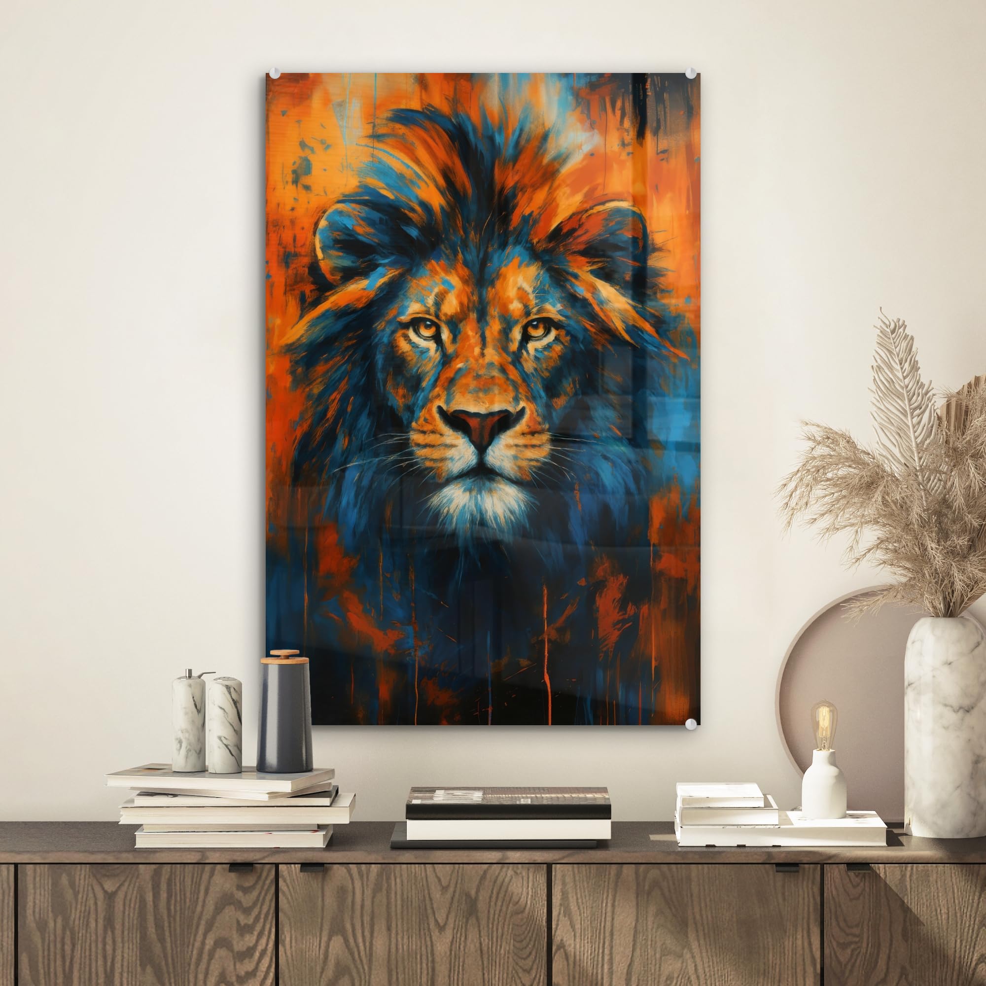 MuchoWow© Quadri Grande Formato 40x60 cm Mini Poster Parete Moderno Interno Stampa Foto Su Vetro Salotto Cornice Murale Arredamento Dipinto - Testa Di Leone - Arancione