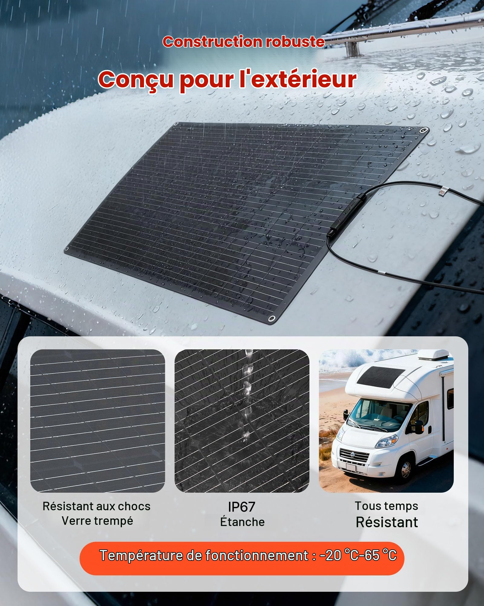 VEVOR Panneau Solaire Monocristallin Semi Flexible 100 W Panneau Solaire Souple Rendement 23% Chargeur Hors Réseau pour Surfaces Courbes Bateau, Camping-car, Voiture, avec Sortie MC4, Étanche IP67