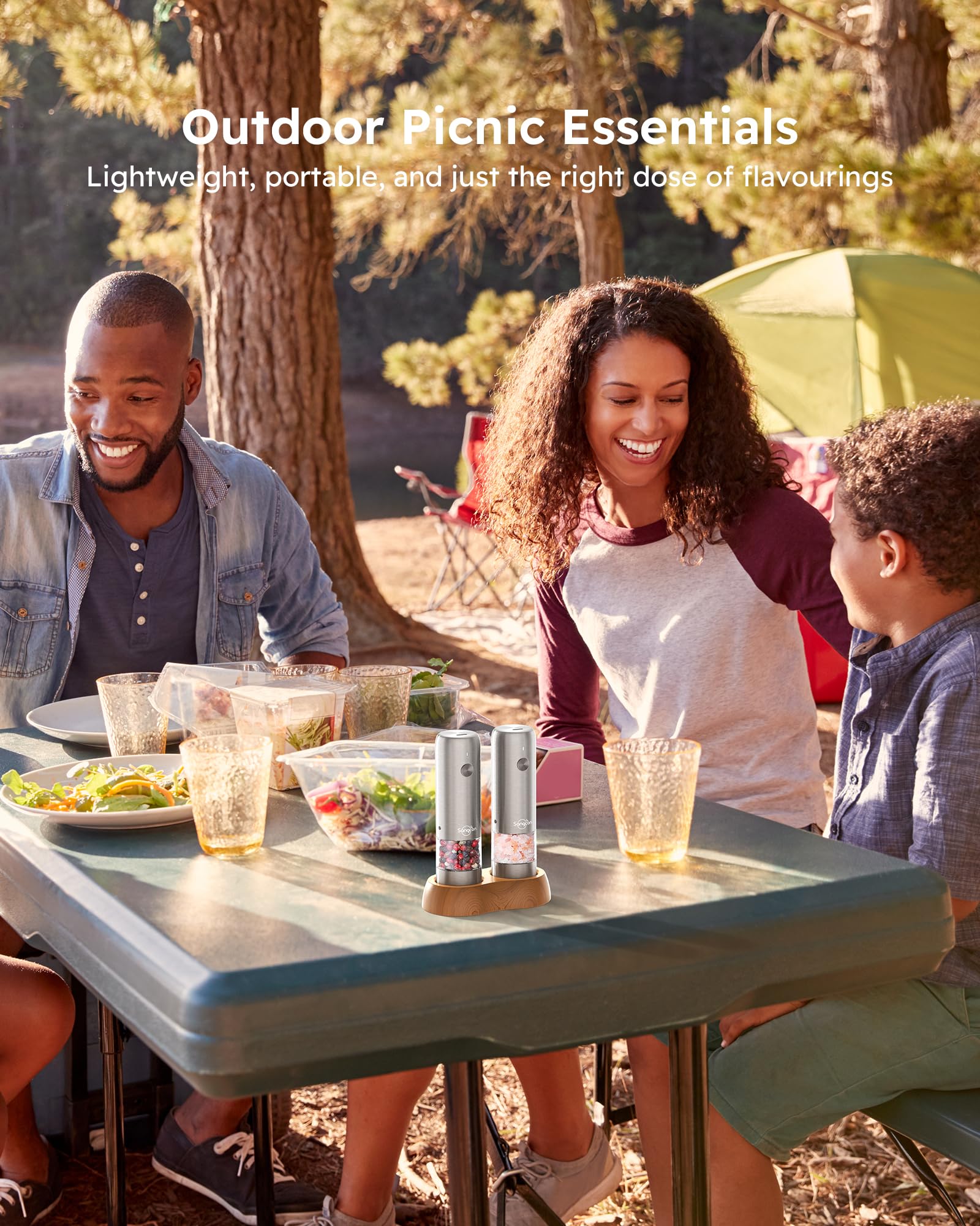 Sangcon Mini Set Macina Sale e Pepe Elettrico con Base in Legno, Ricaricabile USB, Piccolo Macinapepe Automatico, da Viaggio/barbecue/bambini, Controllo con un Pulsante (Acciaio inossidabile)