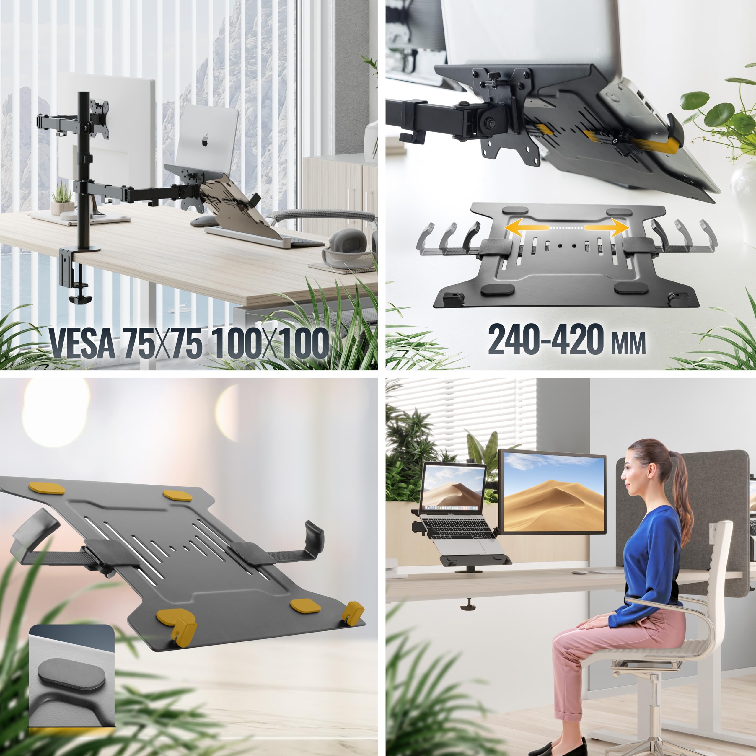 RICOO Uchwyt na laptopa, CZ3028, Lap Desk, regulowany, uchwyt na monitor, taca na laptopa, VESA 75 x 75/100 x 100, matowa czerń, uchwyt na ekran, 30 x 28 cm, stojak na laptopa, stojak na laptopa,