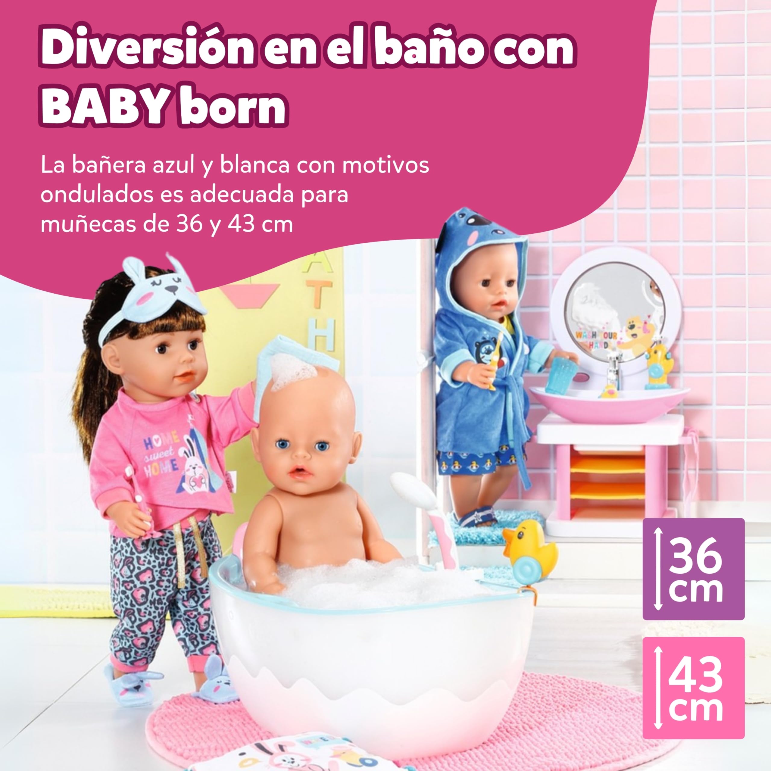 Bañera BABY born con Cambio de Color - función de Ducha y Sonido - Accesorios muñecas de 36 y 43 cm - Funciona también con Agua Real