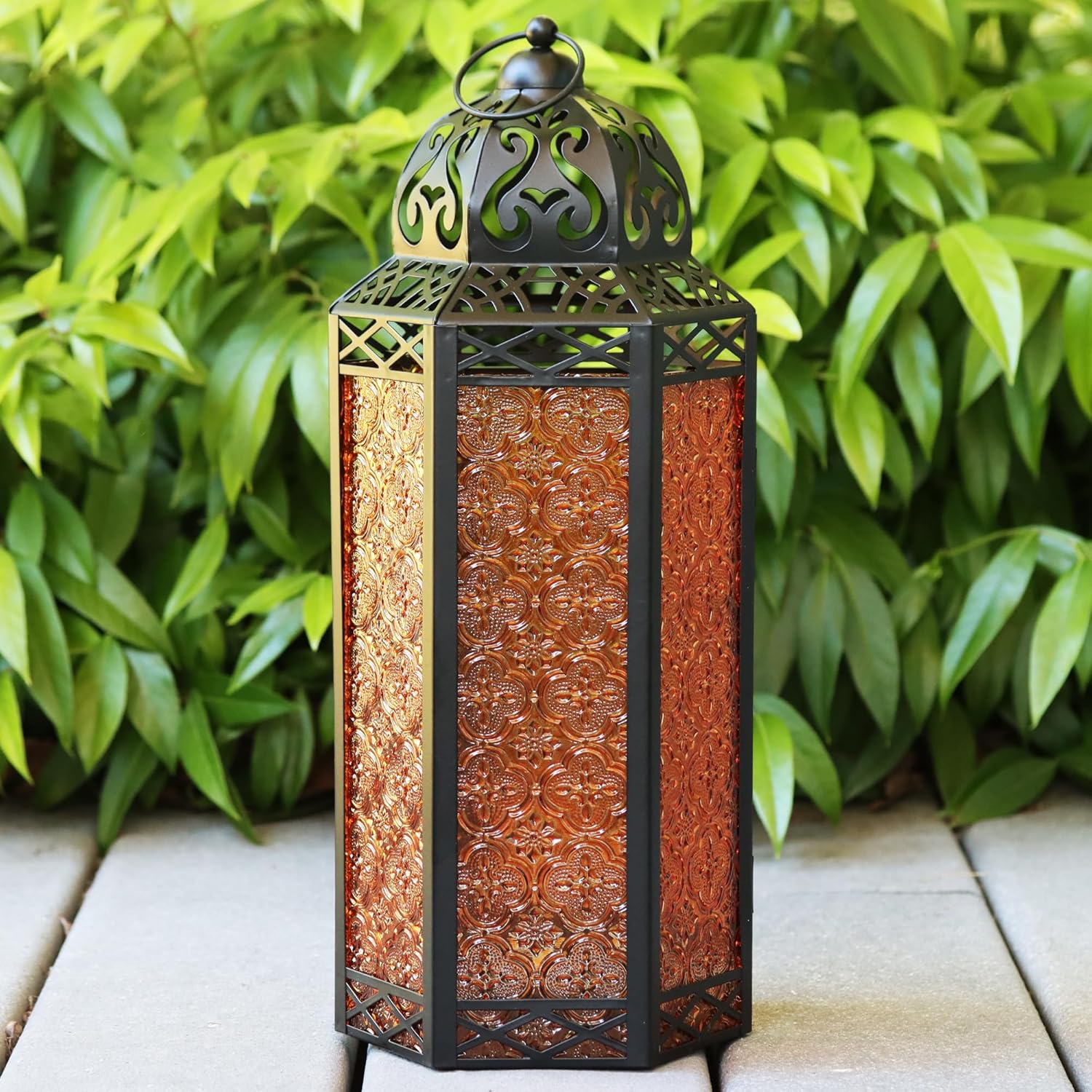 VELA LANTERNS 16" Extra Large Large Black Metal Decorative Floor Moroccan Lantern Candle Holder Lamp for Halloween - Indoor/Outdoor, Home Decor, Patio, Weddings, Ramadan Decor, Amber