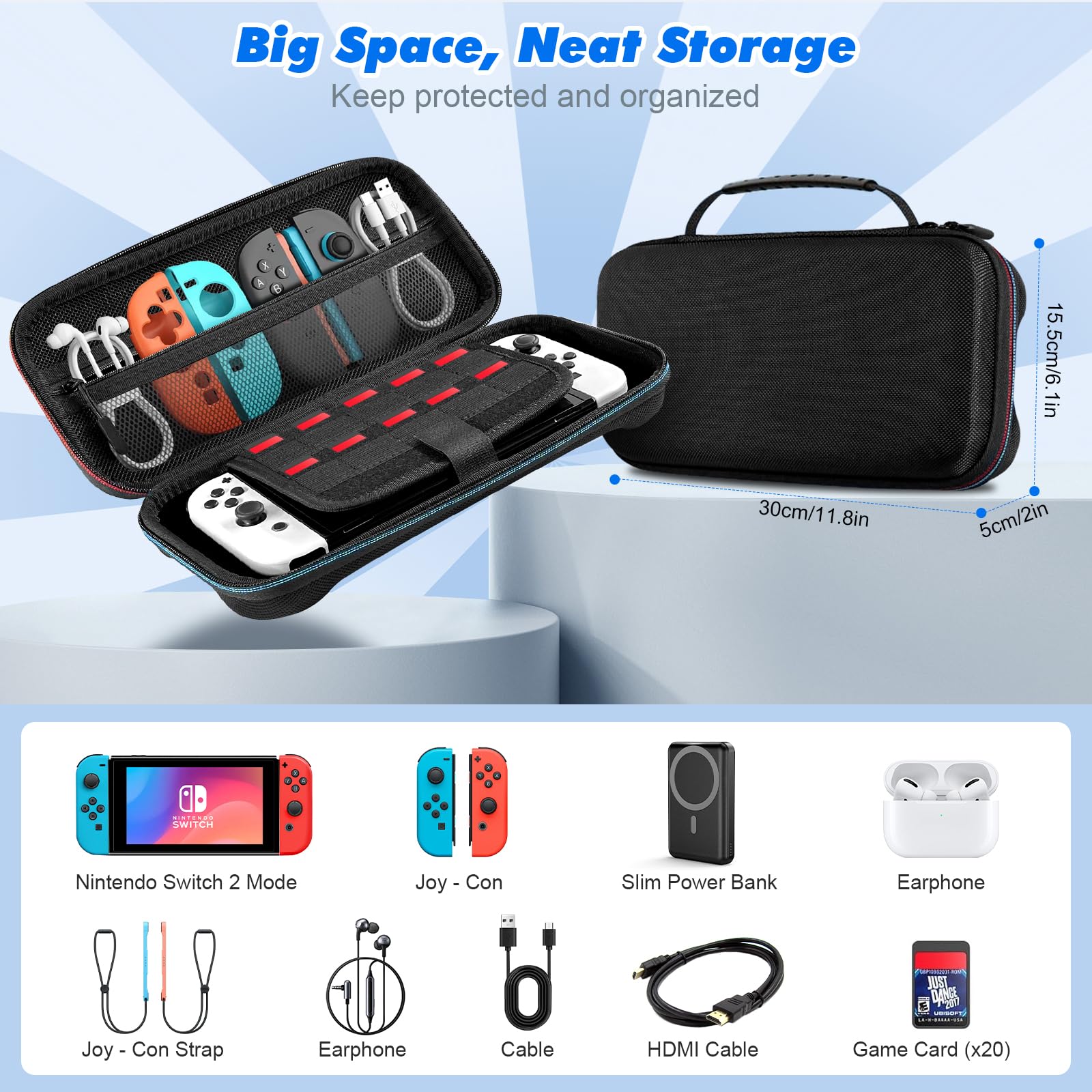 Nawchedo Custodia Per Nintendo Switch 2 (2025), Custodia Da Viaggio Rigida Portatile Per Switch 2, Borsa Protettiva Per Giochi Con 10 Slot Per Schede Di Gioco E Tasche Per Console E Accessori, Nera