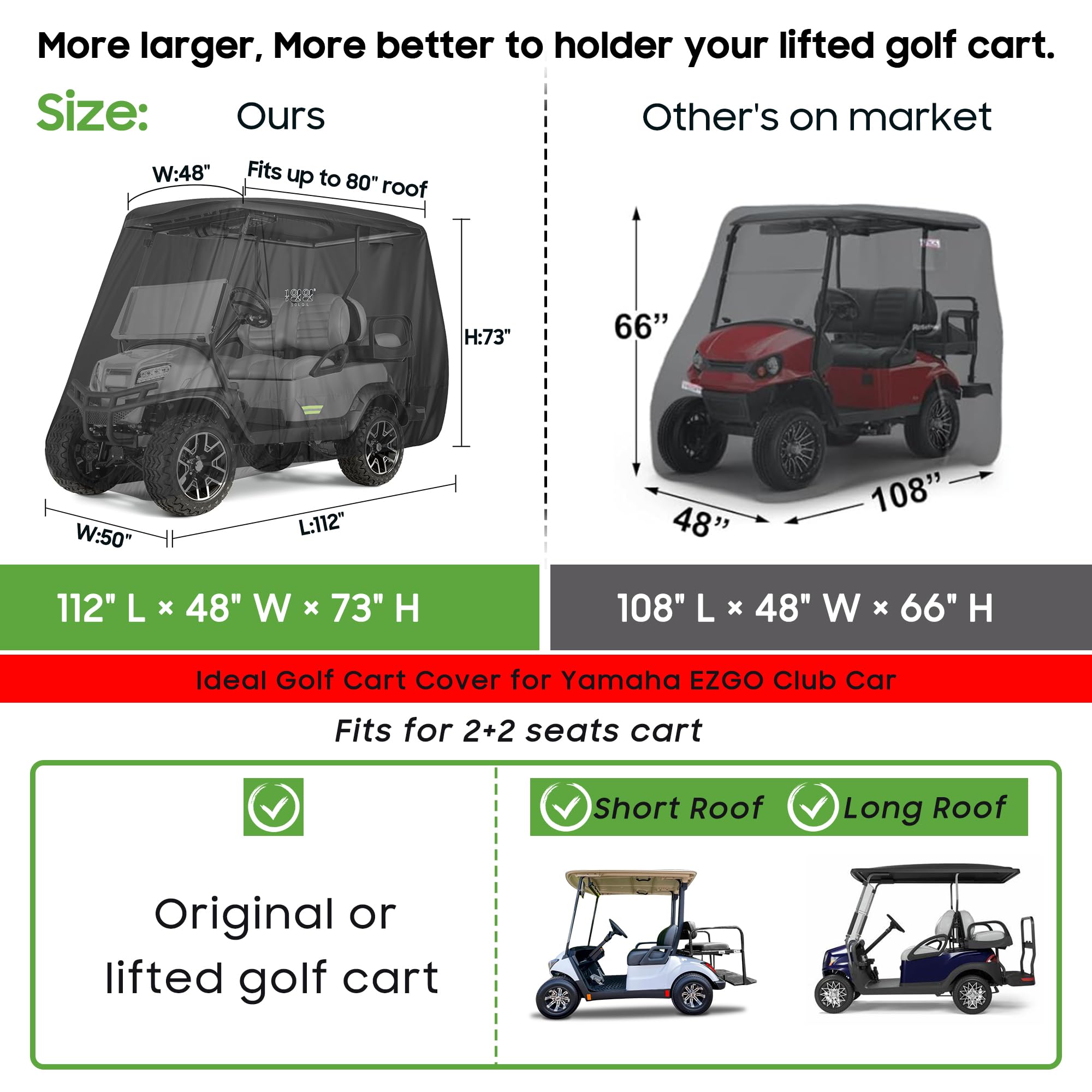 10L0L Copertura per carrello da golf per Yamaha EZGO Club Car sollevata 2/4 passeggeri