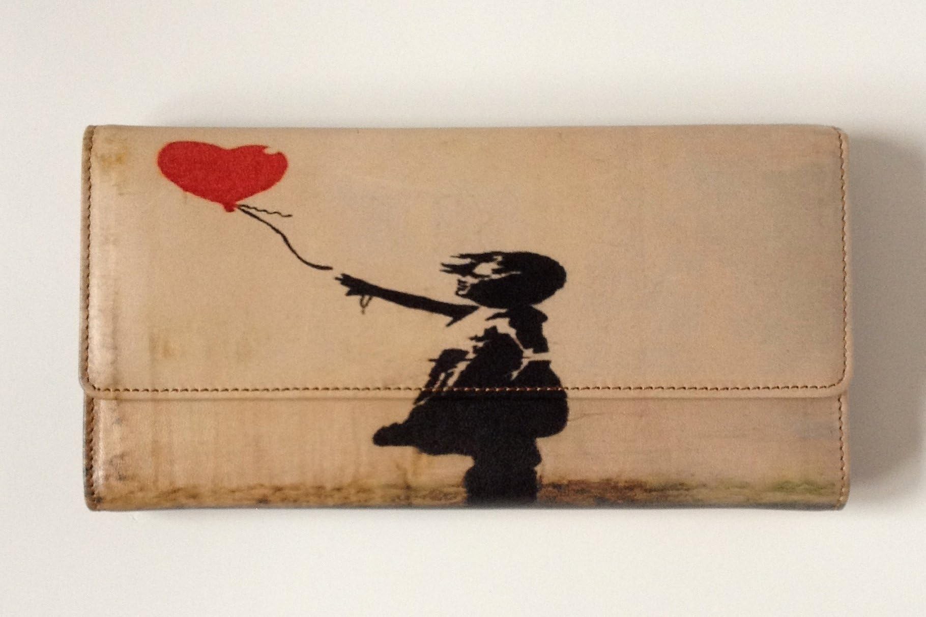 Women's WALLET with BANKSY GRAFFITI Girl with Red Heart Balloon Genuine Leather