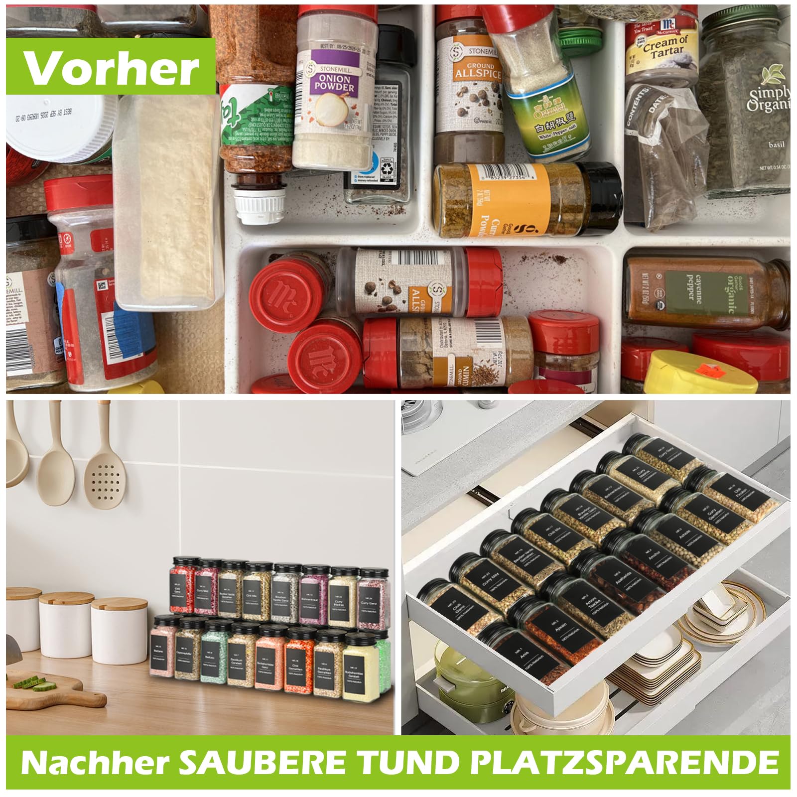 30er Set Gewürzgläser Eckig mit Streueinsatz - mit 324 Deutsch Wasserfeste Label - 120ml Luftdichte Gewürzgläser Schwarz - Gewürzstreuer Glas Organizer - Gewürzbehälter Spice Jars - Gewürzdosen Set