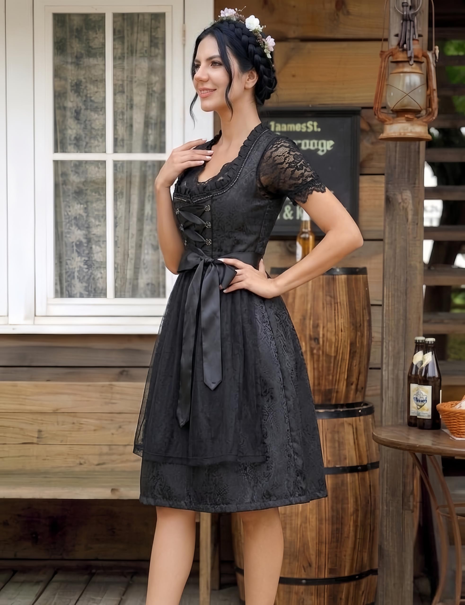 YesFashion Dirndl Damen 3 Teilig Midi Trachtenkleid mit Spitzenbluse & Schürze-Besticktes Outfit für Oktoberfest