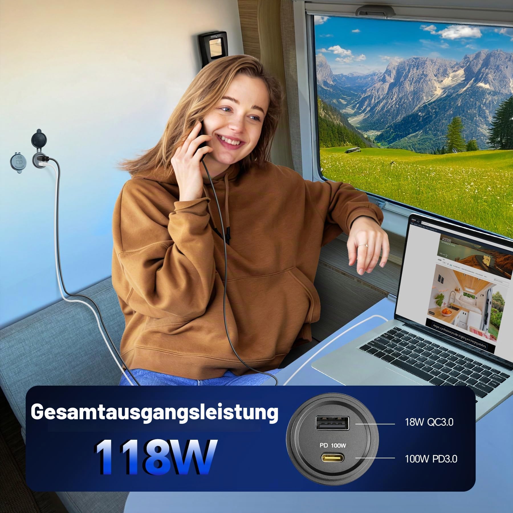 acegoo 12V USB C Steckdose 100W PD & 18W QC, Wohnmobil Auto USB Dose Buchse 12 Volt KFZ Wasserdicht Laptop Einbau Ladegerät für Camper Auto Motorrad Boot LKW Wohnwagen (1 Stück)