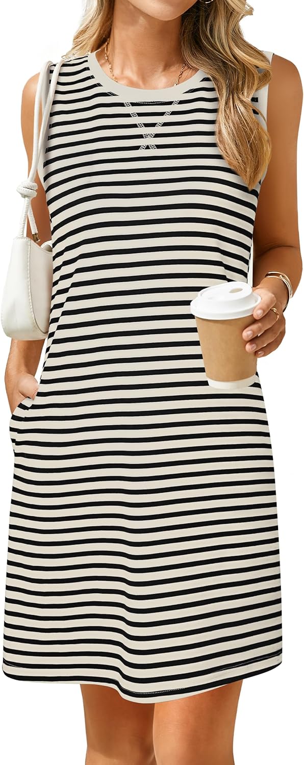 Glamaker Womens Summer Tshirt Dresses Casual Sleeveless Striped Shift Tank Short Sundress Boho Beach Vacation Outfits 2026