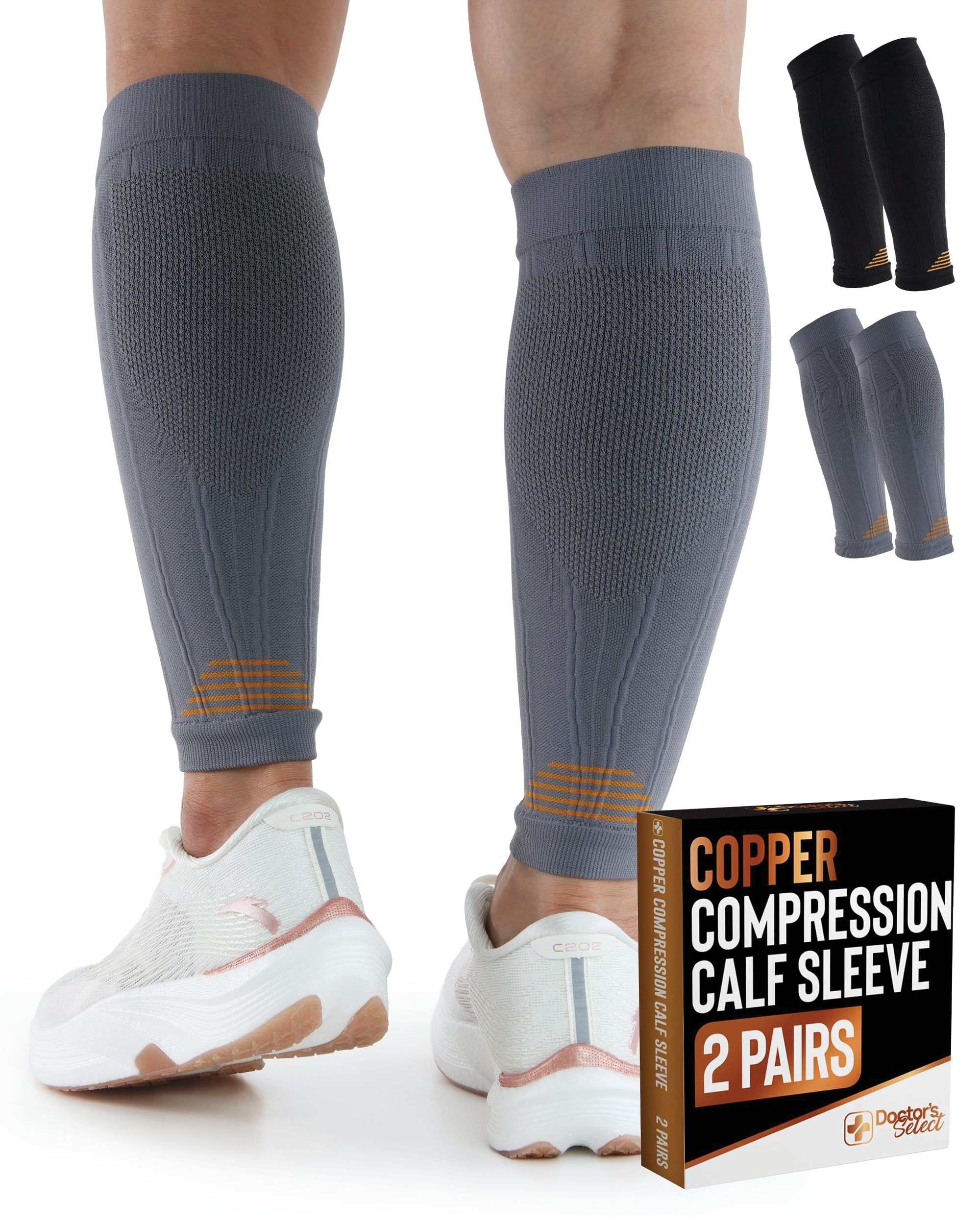 Doctor's Select 2 Pairs Copper Calf Compression Sleeve - Leg Compression Sleeves for Women &amp; Men, Shin Splint Relief