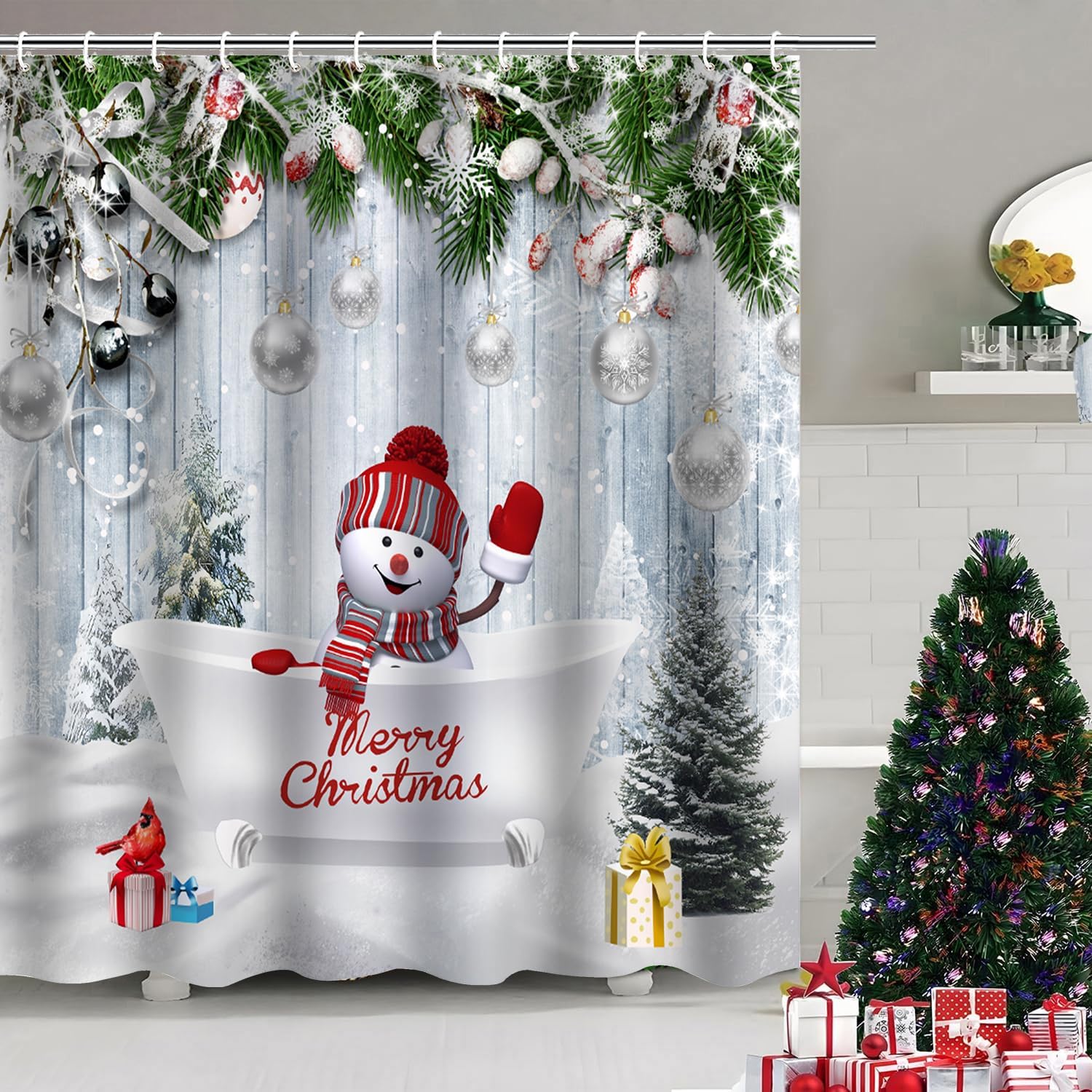 Atwqevon Christmas Tree Shower Curtain Snowflake Winter