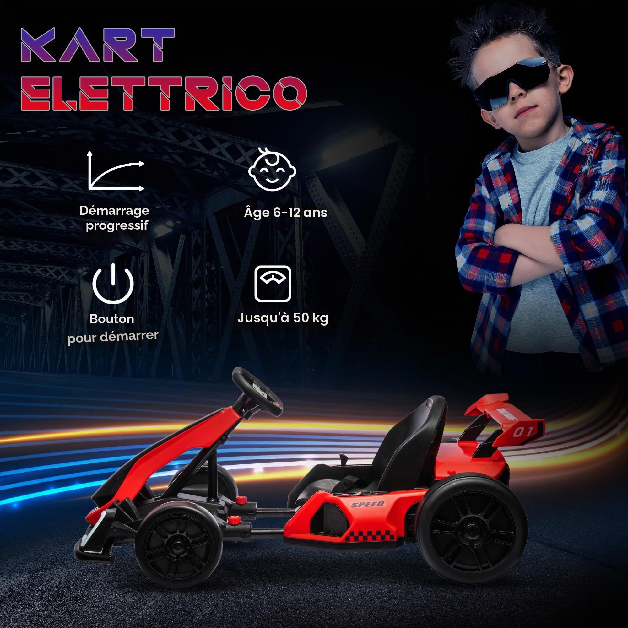 HOMCOM Kart électrique pour enfants 6-12 ans 24V 6-12km/h avec siège réglable, 2 moteurs, kart de dérive avec klaxon, lumières et musique, rouge