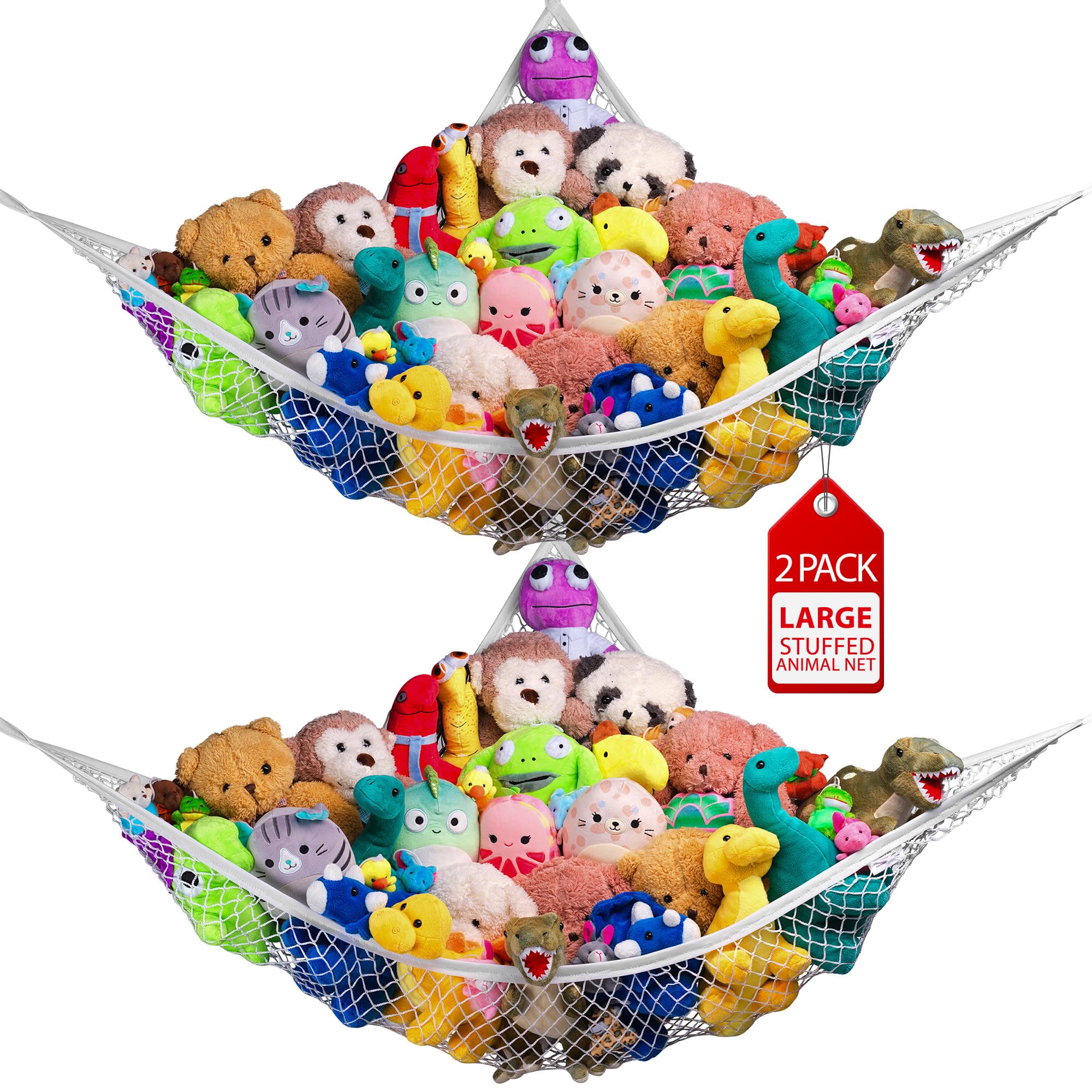 Hamaca esquinera de animales de peluche (paquete de 2) – Organizador de juguetes de malla de esquina para habitación de los niños – Almacenamiento flexible para juguetes de peluche, osos