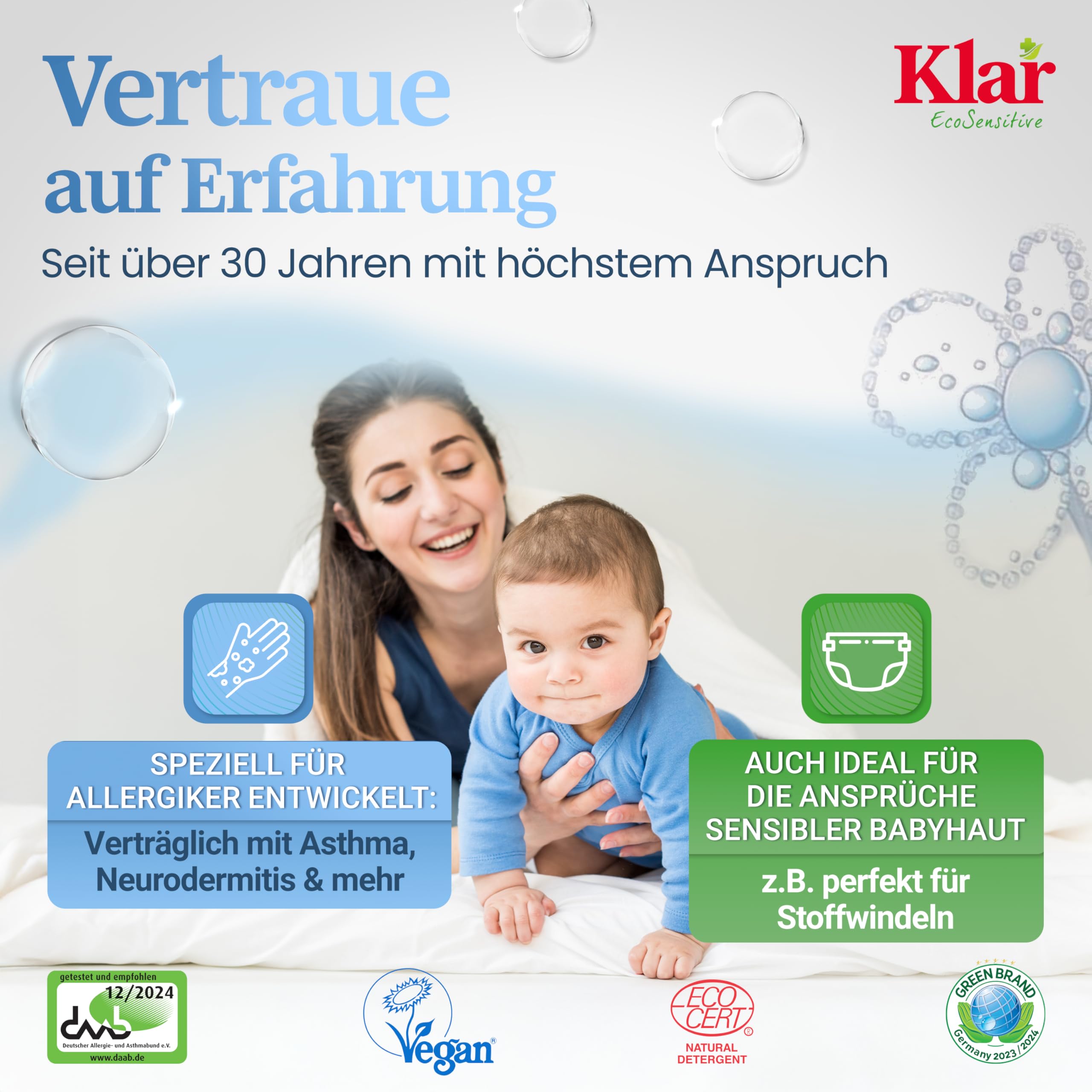 Klar Vollwaschmittel Pulver Sensitive 6x1,1kg - 120 Ladungen - Allergiker Waschpulver ohne Duft - Bio Waschmittel Pulver mit natürlichem Waschnuss Extrakt - VEGAN & Enzymfrei