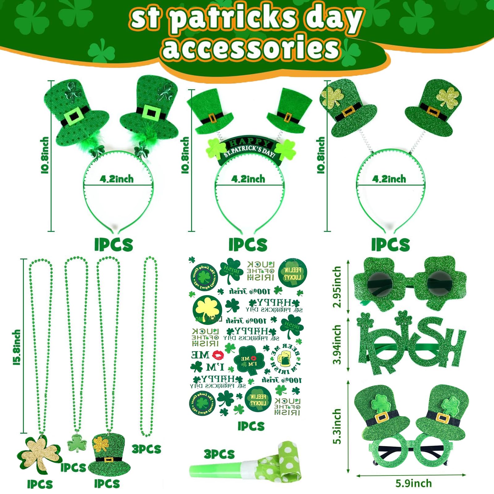 BFSYRR 16 Pcs St Patricks Day Accessories for Women Green Headband Shamrock Eyewear Necklace Tattoo Stickers - Image 2