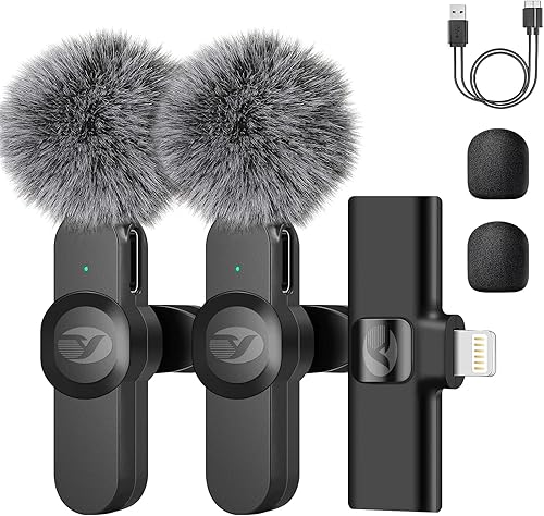 tongyu Micrófono de solapa inalámbrico para iPhoneiPad con reducción de ruido, mini micrófonos inalámbricos con funda de micrófono peludo, micrófono