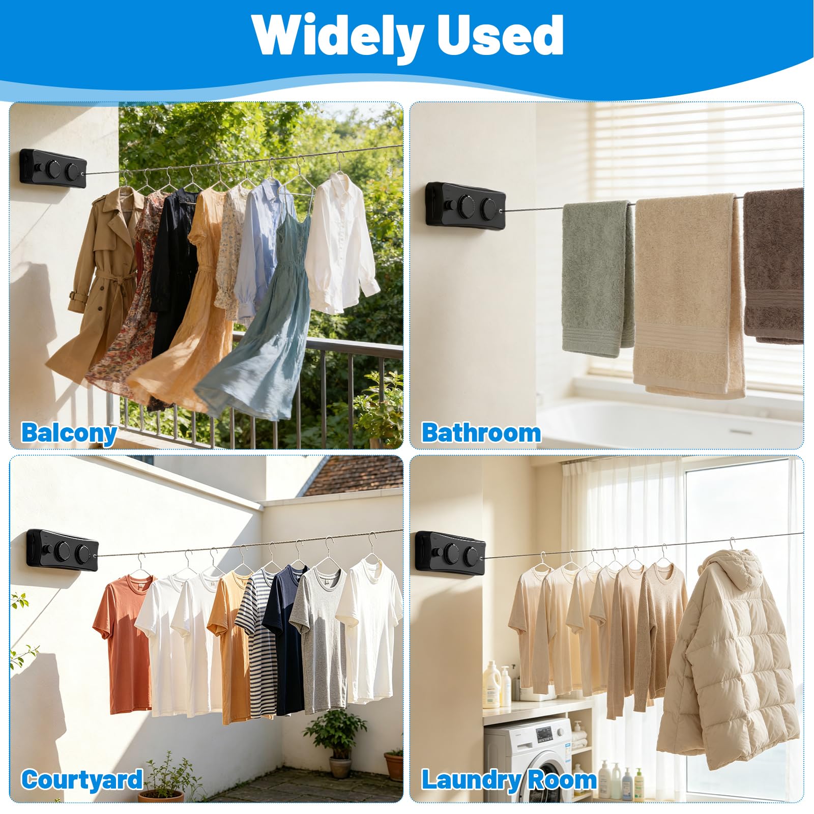 GAESHOW Wäscheleine Ausziehbar Wand, Aufhängen Einziehbares Wäscheleine, Wandmontage Nicht Durchhängende Wäscheleine mit 5.1 m Stahlseil, für Badezimmer, Waschküche, Balkon, Garten (Schwarz)