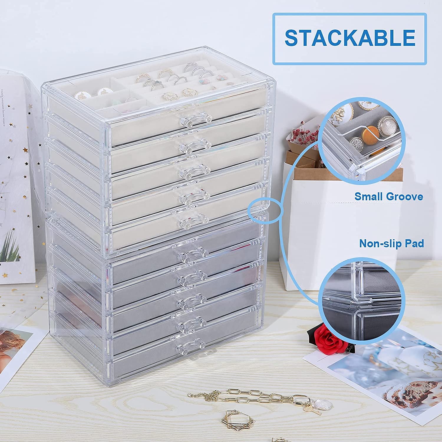 Snazzy 5 Drawers Acrylic Jewelry Organizer, Birthday and Back To School Season Gift, Women Large Clear Jewelry Box, Velvet Jewelry Display Holder for Earrings, Rings, Necklaces, Grey 2