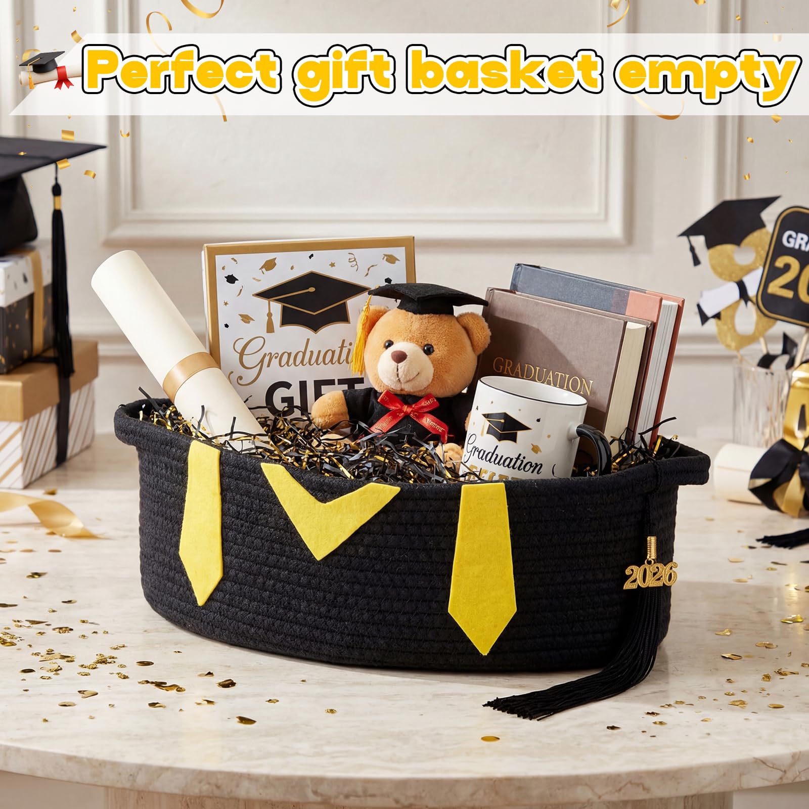 Colingmill 2 Pack 2026 Graduation Empty Gift Basket 14''x10''x5.5'' Woven Rope Basket Empty to Fill with Bag, Ribbon, Card, Tassel, DIY Congrat Gift for Class of 2026 Nurses Week