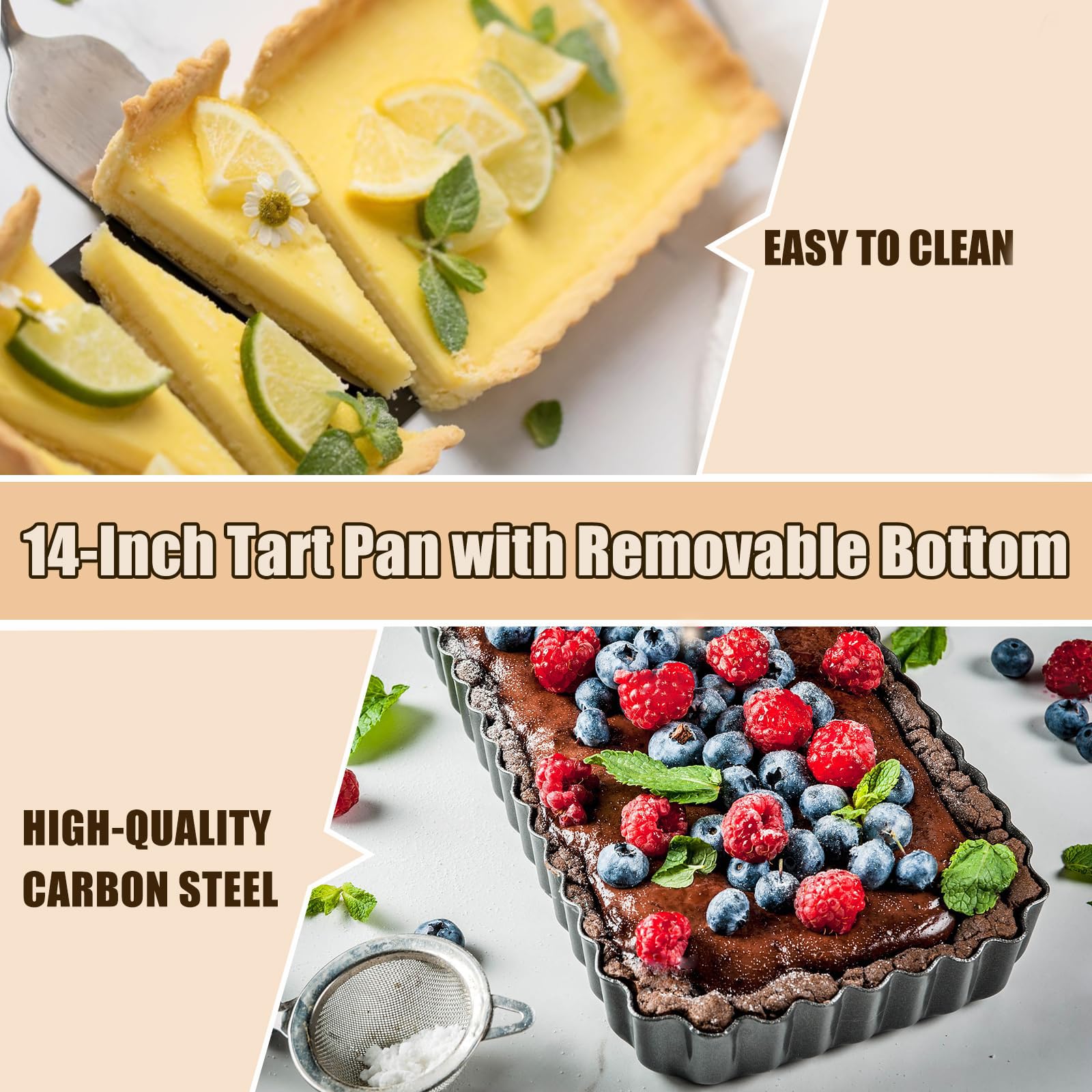 Bellabon Prostokątna forma do tarty z podnoszonym dnem, prostokątna forma do quiche, formy do tart, forma do quiche ze zdejmowanym dnem z podnoszonym dnem, do ciast, muffinek i ciasteczek 36 x 14 x 3