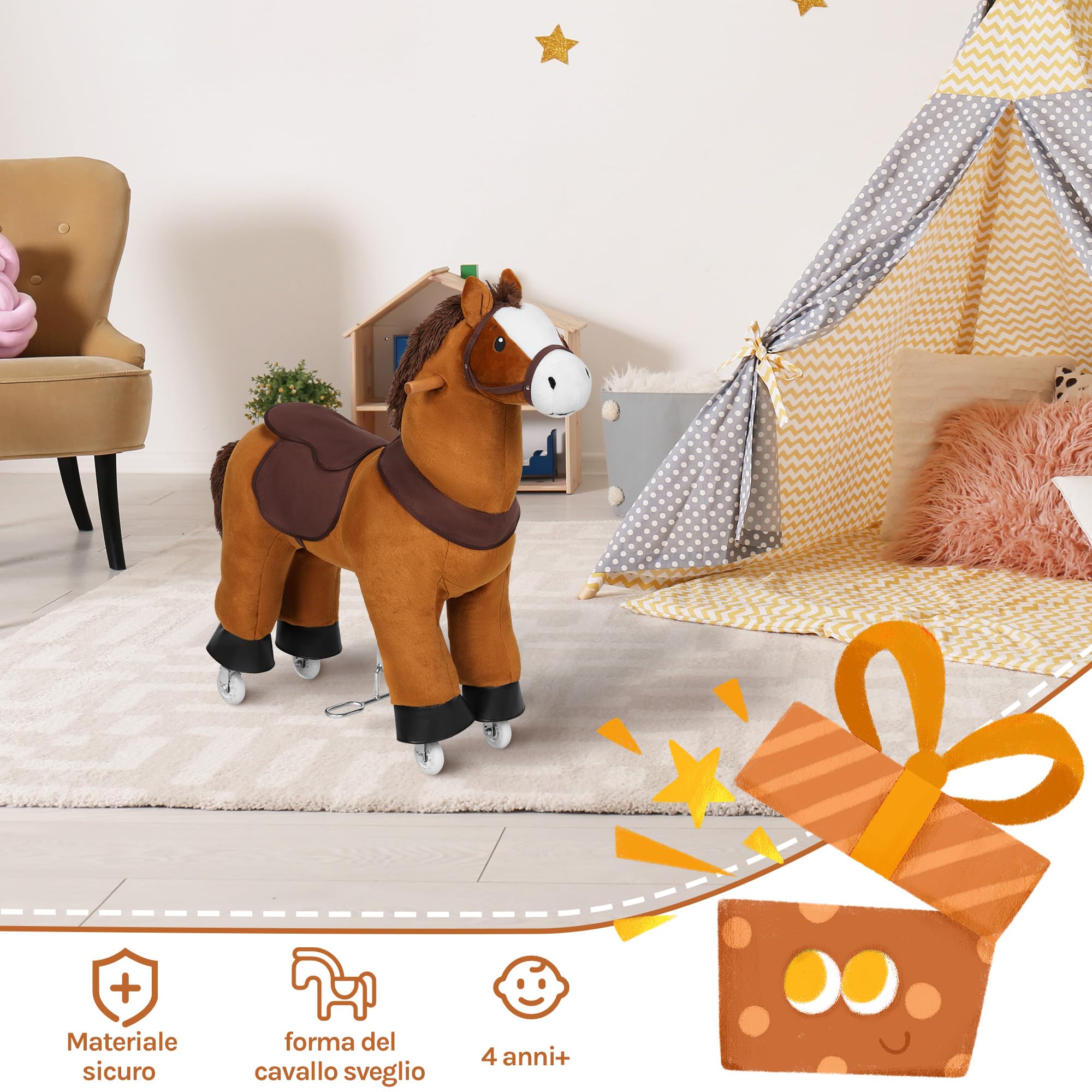 WOLTU Cavallo a Dondolo su Ruote per Bambini, Cavalluccio Cavalcabile in Peluche con Suoni, per Interni ed Esterni, Giocattolo da 4 Anni, Struttura in Legno e Metallo, Marrone