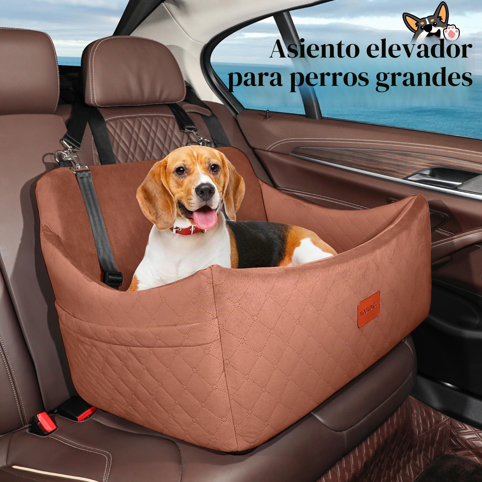 Wooaidagg Asiento de Coche para Perros de hasta 55 Libras, fácil de Instalar, súper Suave y Relleno de Espuma viscoelástica, Totalmente Desmontable y Lavable (marrón, Grande)