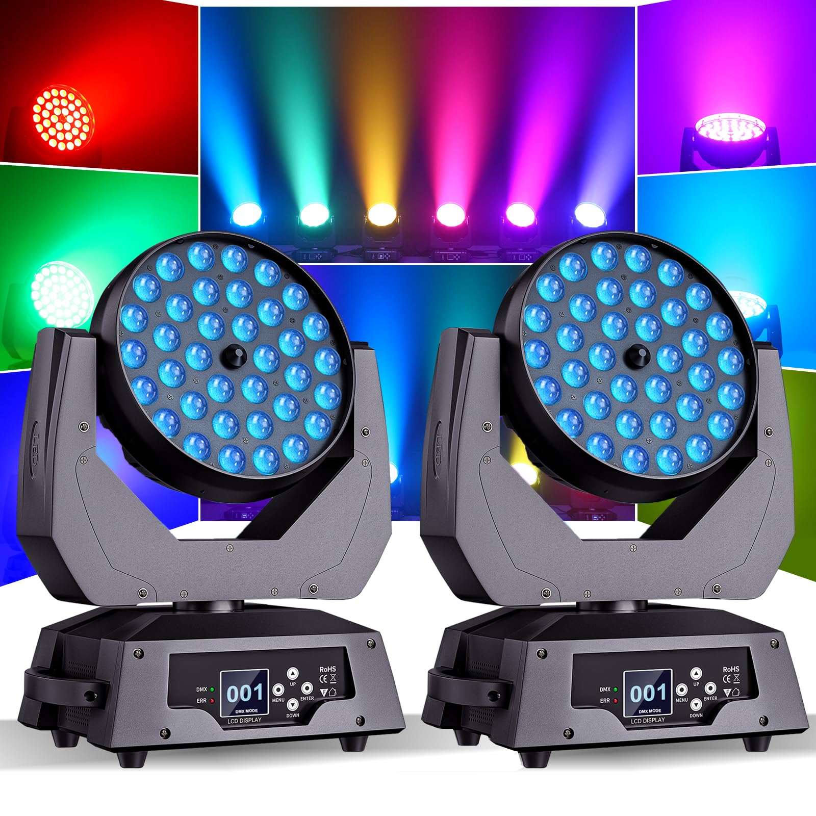36x10W Moving Head LED Wash Lichteffekt Zoom 23-72 Grad DMX DJ Lichter Fokussierung RGBW Touchscreen Bühnenleuchten für Weihnachten Hochzeit Disco Party Bar-2 Stück
