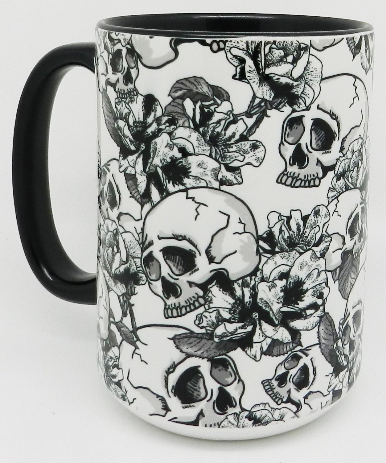 Half a Donkey Extra Large Skull and Roses Ceramic Mug with Black Inner and Handle 450ml (15.8oz)