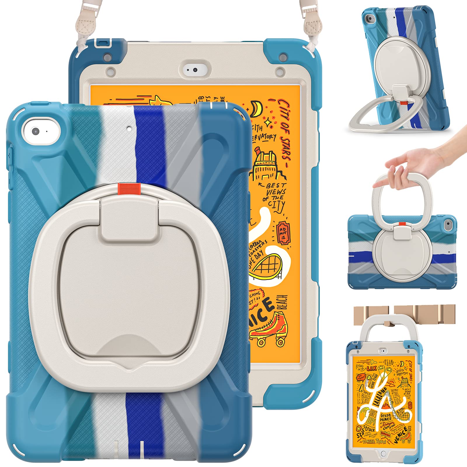 BRAECN Case for iPad mini 5 & iPad mini 4, Full-Body Shockproof Protective Cover with Kickstand, Pencil Holder, Rotatable Hand Grip,Shoulder Strap for