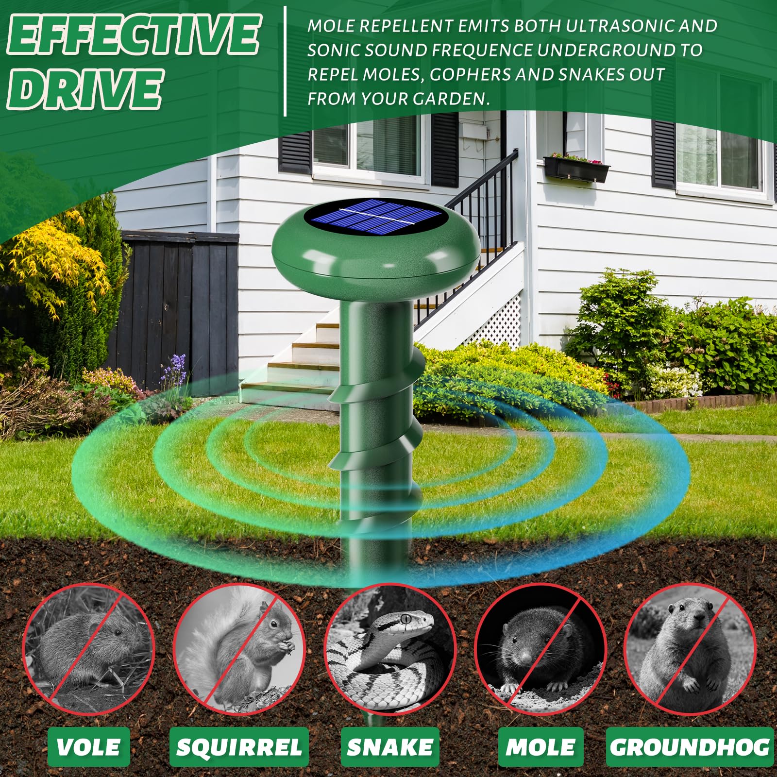 Repelente ultrasónico de topos alimentado por energía solar, repelente de animales al aire libre, eficaz para deshacerse de serpiente, zorrilla, ardilla, ardilla, ardilla, jardín, espiral, IP 65