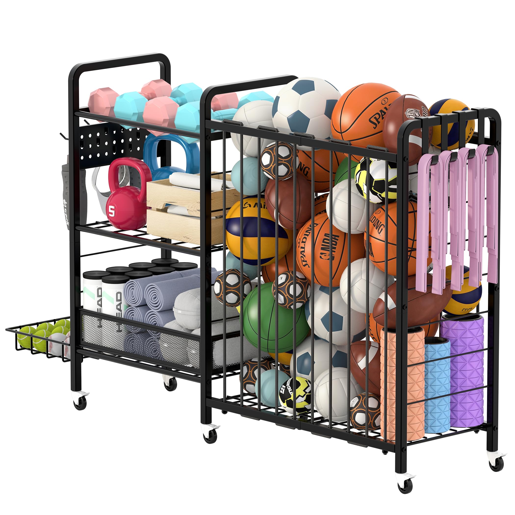Photo 1 of DUDUXI Sports Equipment Garage Organizer,Garage Ball Storage Rack for Sports with Wheels-Upgraded 3 Layers Organizer Rack Outdoor Basketball Racks for Balls with Holder and Hooks (Deep Black)