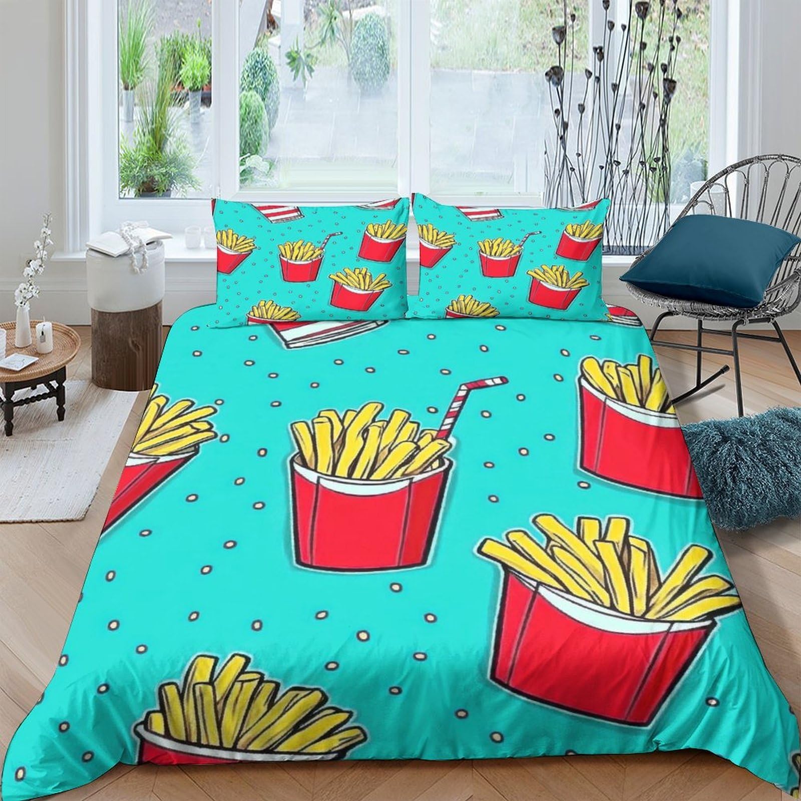 Ctjqhvkz Style-8 3D Printed French Fries Fitted Sheet Microfiber Soft Breathable Cartoon Snack Bed Cover For Bedroom Dorm Decor Easy Care Single（135X200cm）