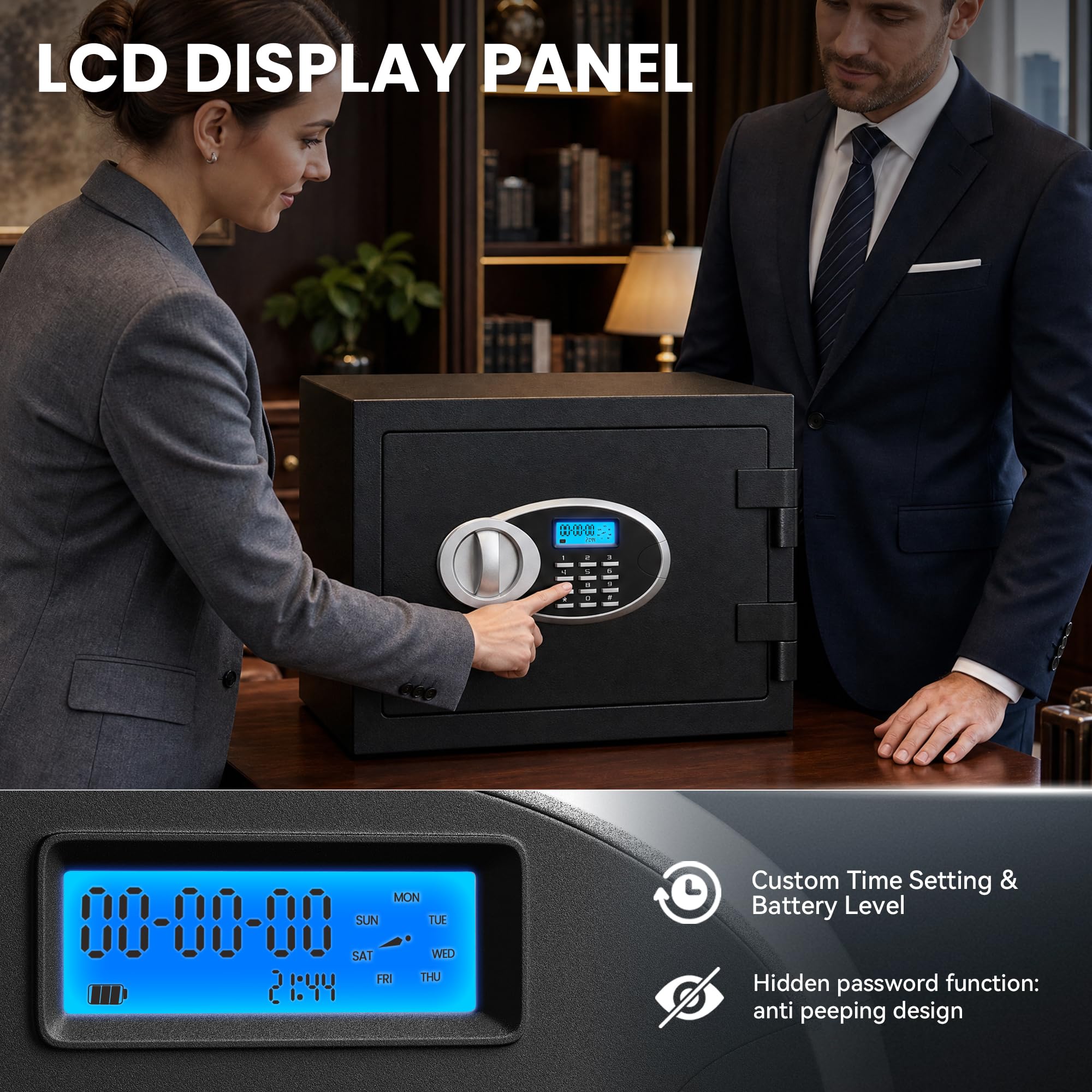 Cassetta di sicurezza alta 11,81 cm, impermeabile, resistente al fuoco, in acciaio, resistente con display LCD, tastiera elettronica digitale e serratura a combinazione, cassaforte personale per