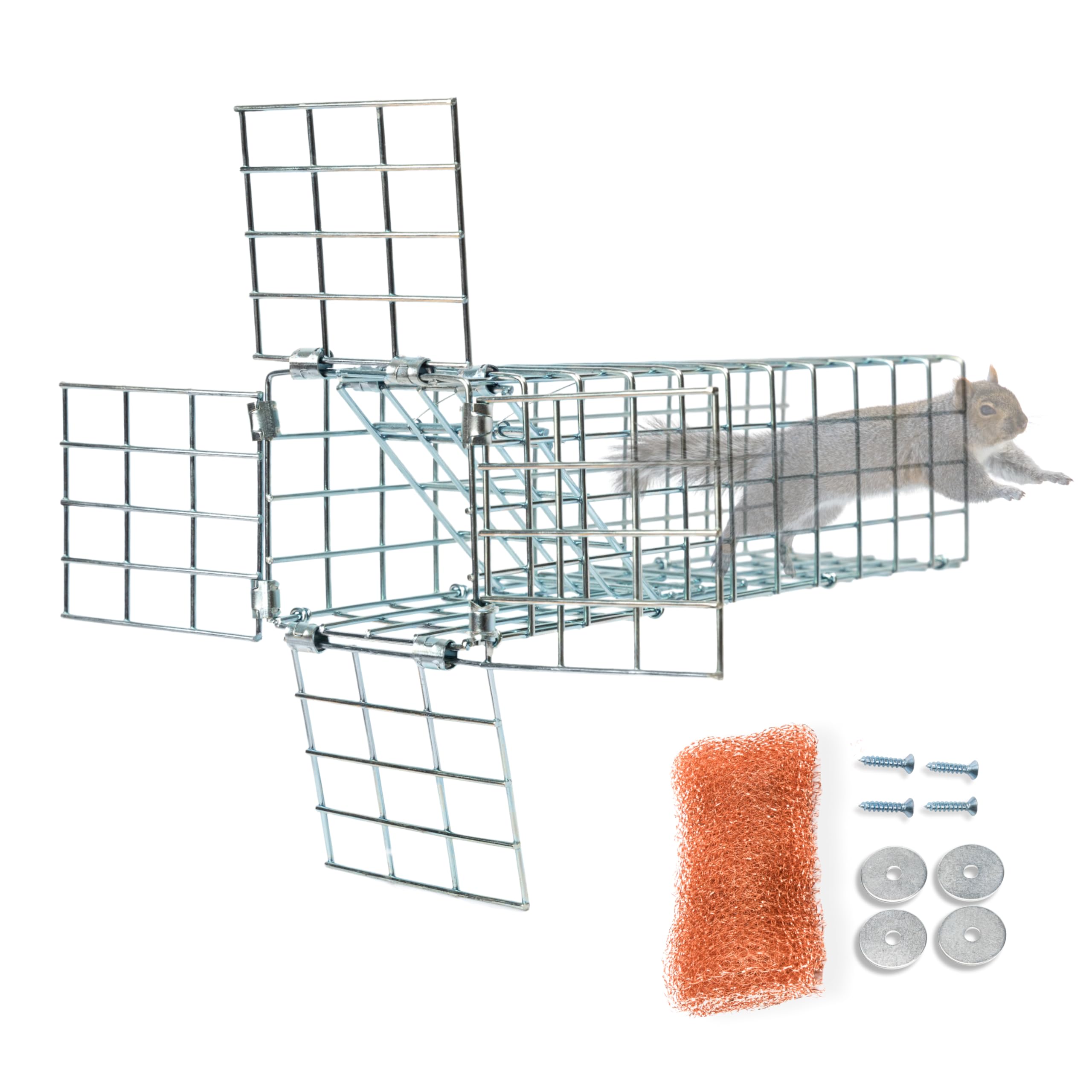 Excluder One Way Squirrel and Rodent Trap - Control Mice, Rats, Bats, Squirrels and More - Fine Copper Mesh Wool Included To Seal Hole- Better than Steel Wool - Good for Attic Door (3 x 3 Opening)