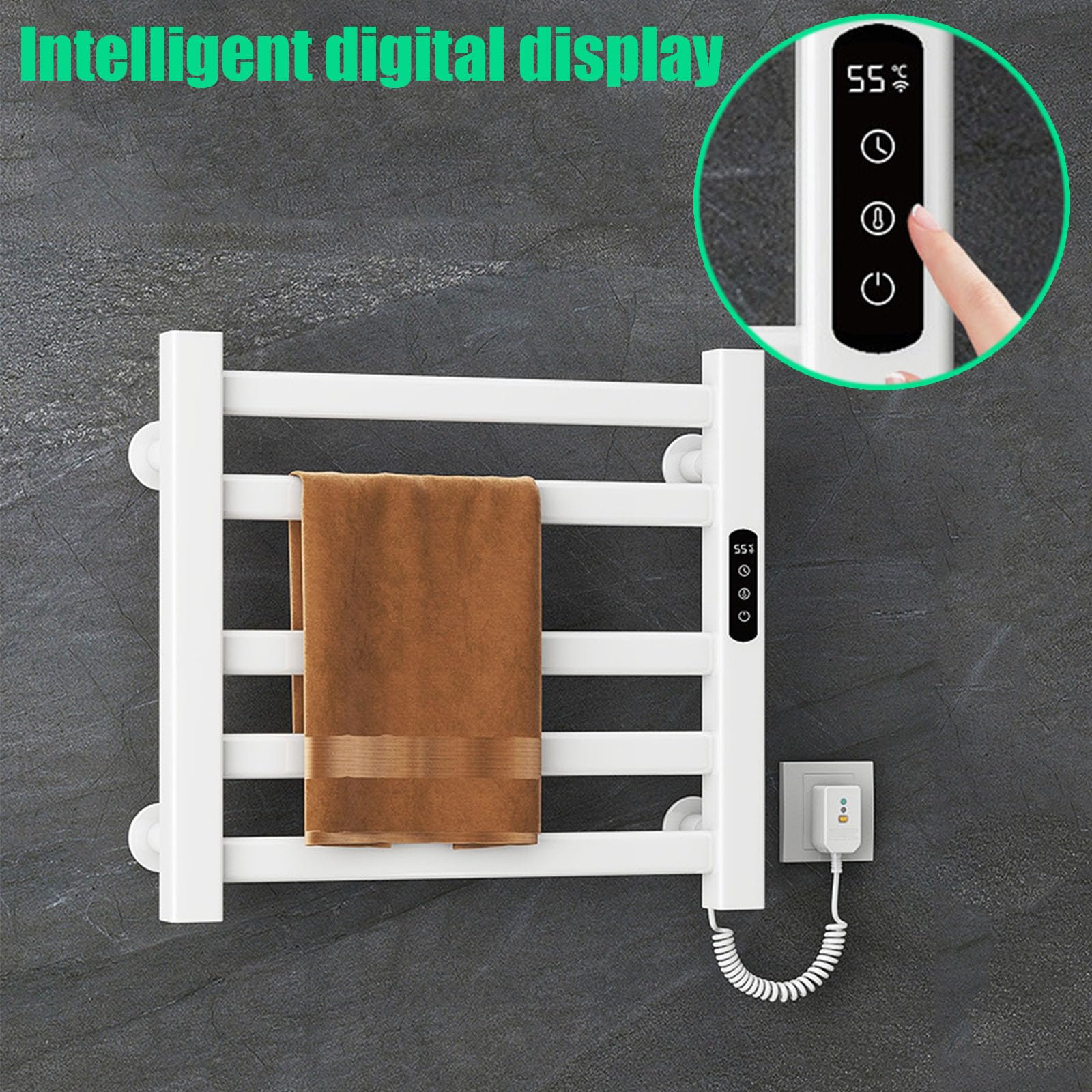 Portasciugamani riscaldato ad alta efficienza energetica con timer, da parete, scaldasalviette riscaldato a parete, scaldasalviette plug-in 5 barre per bagno, bianco, linea sinistra, linea