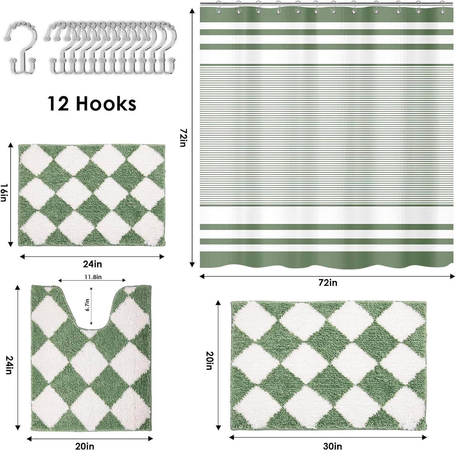 Britimes Sage Green Bathroom Sets with Shower Curtain and Rugs, Minimalist Geometric Modern Striped Waterproof Shower Curtain Liner and Soft Non Slip Bath Mat for Bathroom Decor and Accessories Hooks