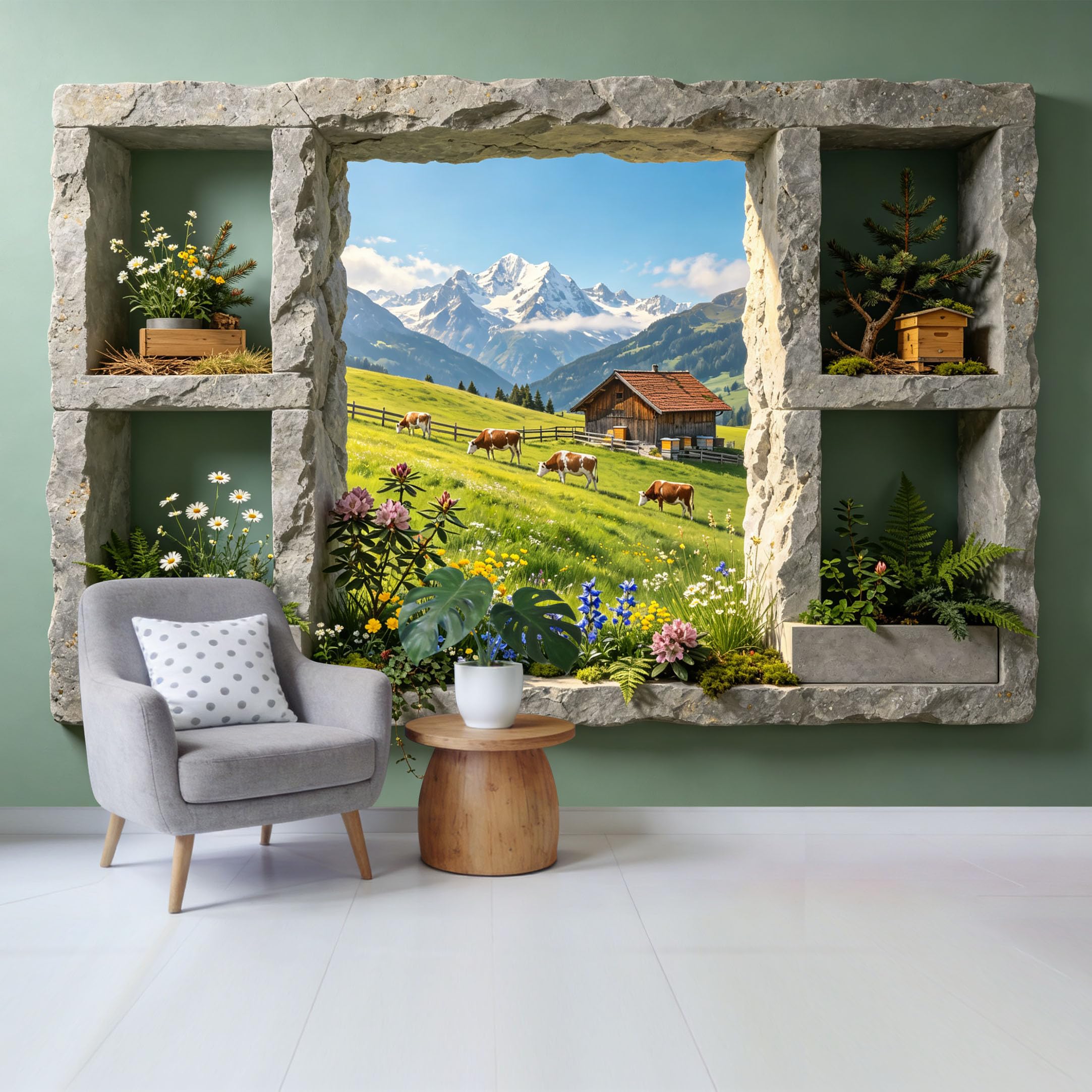 Removable Self Adhesive Fabric Mural， Alpine Meadow Mountain Cabin Custom Size Wall Covering， UV Protected Waterproof Washable Wall Decor for Living Room Bedroom Bathroom