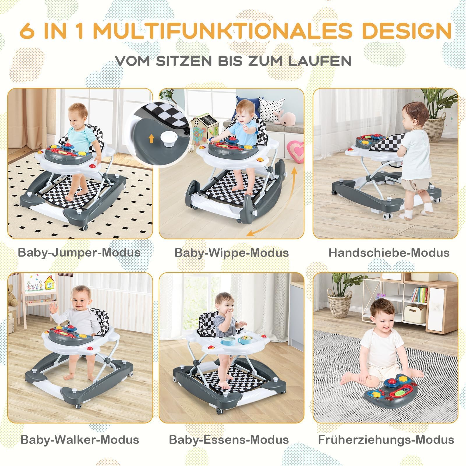 FANTASK Lauflernhilfe, Baby Walker 6-in-1 höhenverstellbar, Lauflernhilfe klappbar mit abnehmbarem Spielbrett Licht Musik & Fußpolster, Laufwagen Gehfrei für Babys ab 6 Monaten, Grau
