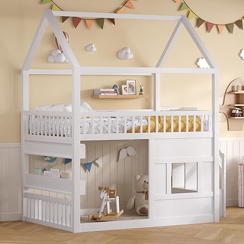 Full Size House Bed with Storage Staircase and Built-in LED Shelf Light, Wood House Roof Floor Bunk Bed Frame with Safety Fencing and Windows for Teens Kids Boys Girls (White-27S)