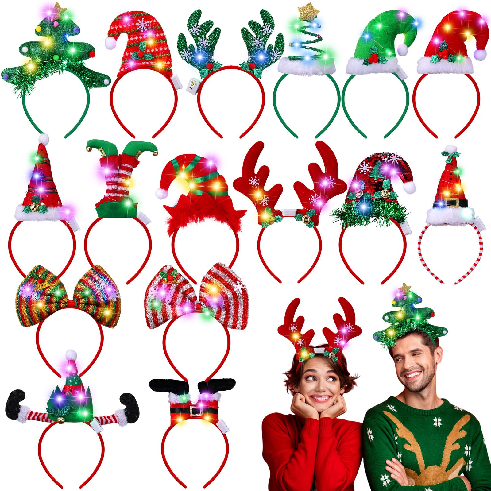 Zeyune 16 Pcs Christmas LED Headbands Xmas Tree Costume Headwear Reindeer Elf Hats Headband Light up for Party