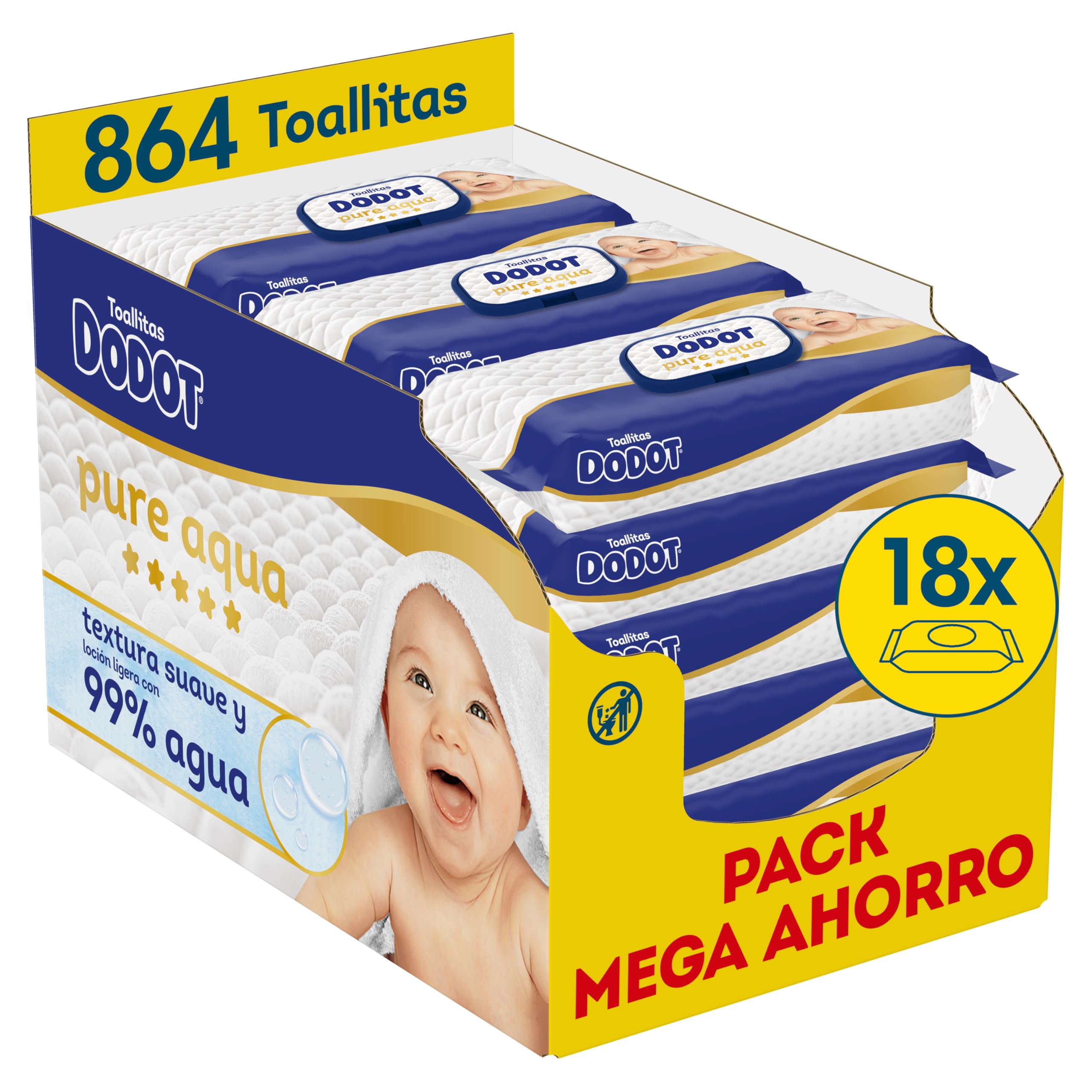Dodot Toallitas Pure Aqua Para Bebé, 864 Toallitas (18 Packs de 48 Unidades), Ayuda A Restaurar El PH Natural De La Piel, 99% Agua, Sin plástico (Paquete de 2)