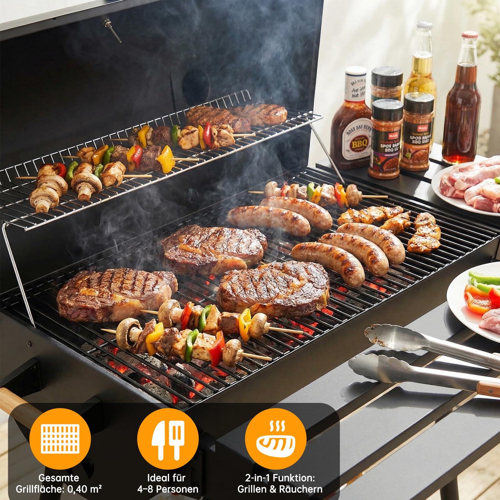 TLSUNNY Barbecue a Carbone con Coperchio, Barbecue da Giardino con Camino, Termometro, 2PCS Ruote, Fessure di Ventilazione Regolabili, Affumicatore BBQ Smoker per Giardino, Terrazzo, Campeggi