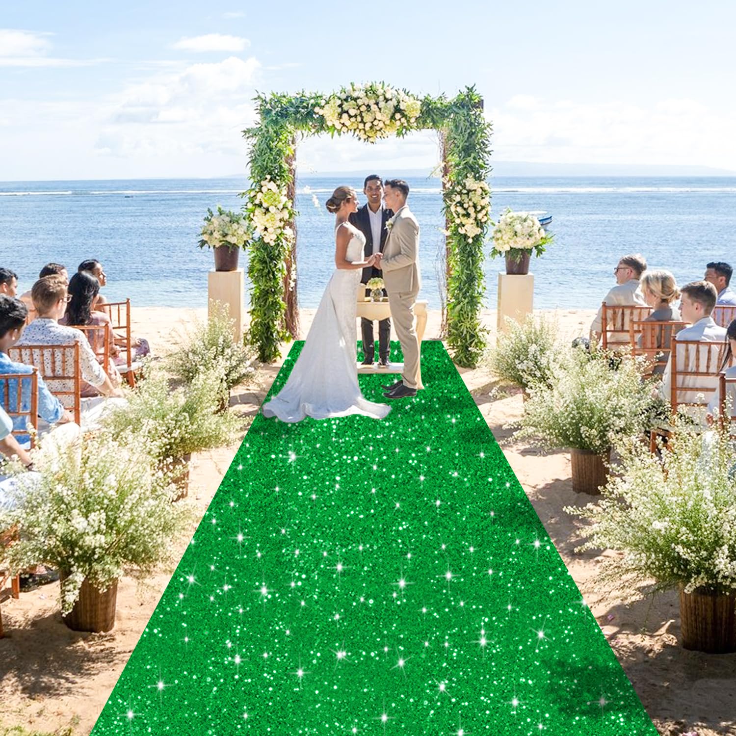 ROMANKAS Glitter Aisle Runner Green Carpet Runner 2FTx15FT Sequins Aisle Runner Rug Shimmer Wedding Runner Aisle Outdoor Indoor Bling Shiny Runway Rug for Hallway Prom Theme Party Event Carpet