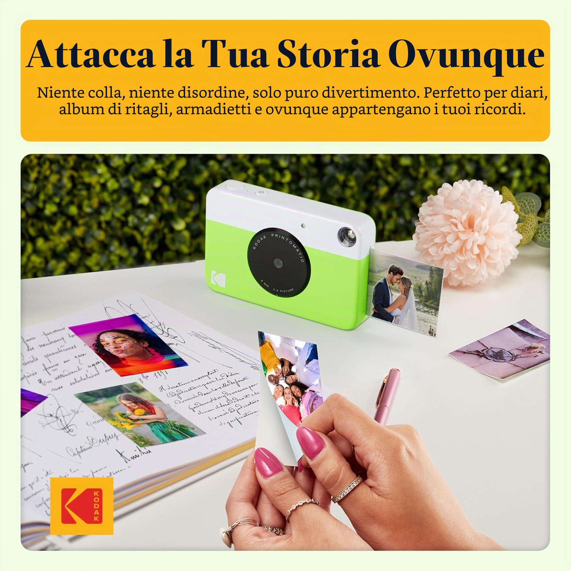 KODAK Printomatic fotocamera a stampa istantanea + custodia morbida + carta fotografica Zink 2x3" 20pz + album + adesivo + cornici per adesivi + cornici sospese + pennarelli - Verde