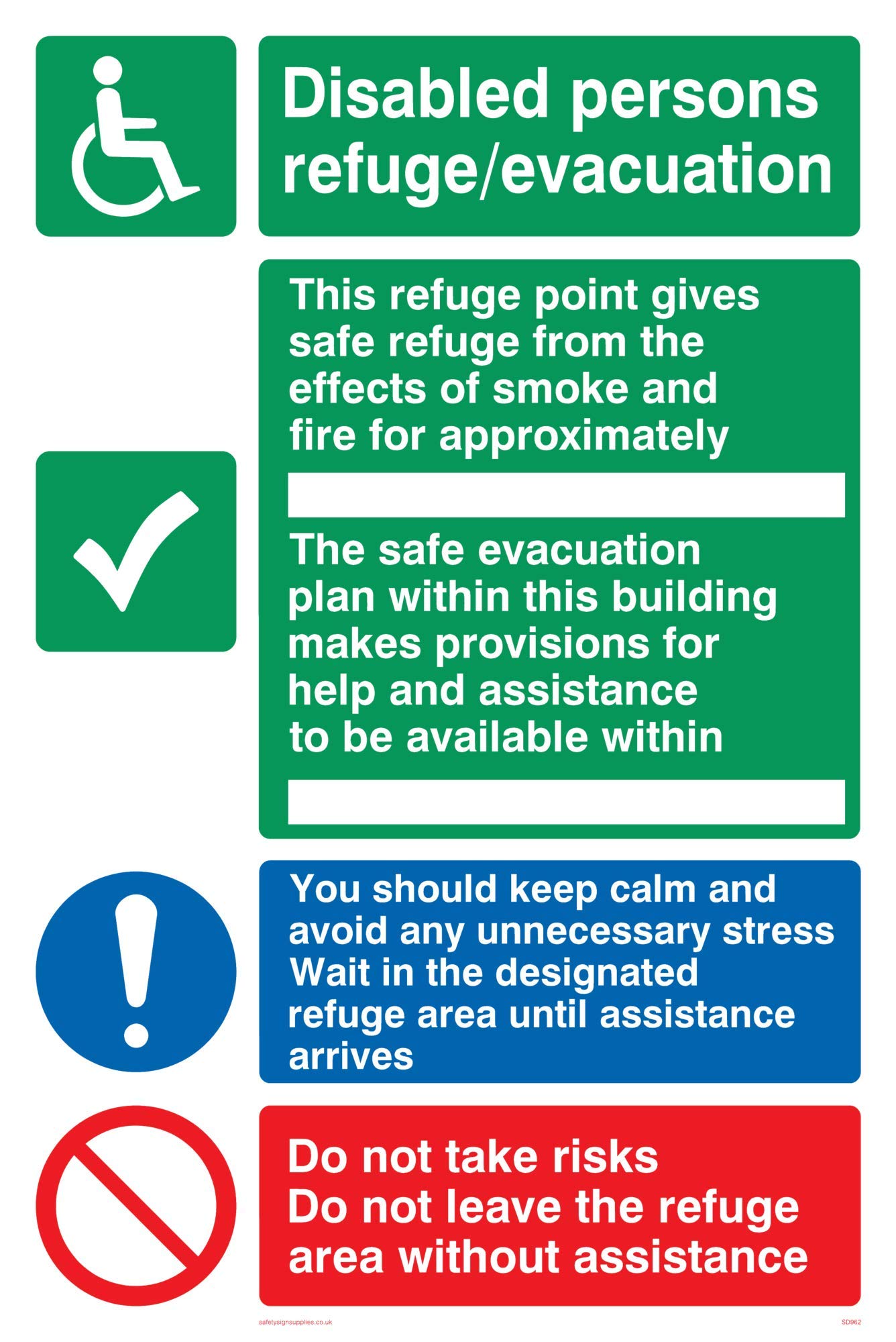 Viking Signs SD962-A4P-1M "Disabled Persons Refuge Evacuation" Sign, 1 mm Semi-Rigid Plastic, 300 mm H x 200 mm W