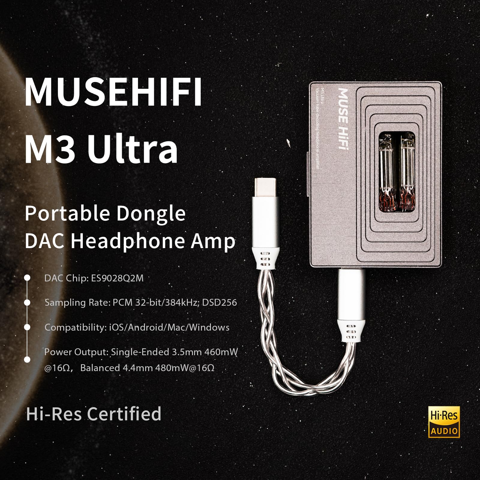 HiFiGo MUSEHiFi M3 – Ultraportabler Röhren-DAC-Verstärker, JAN6418-Röhren-USB-C-Dongle Mit Symmetrischem 3,5-mm- und 4,4-mm-Ausgang, Hi-Res-DAC-Verstärker für IEMs, Kopfhörer, Smartphone, PC und Mac